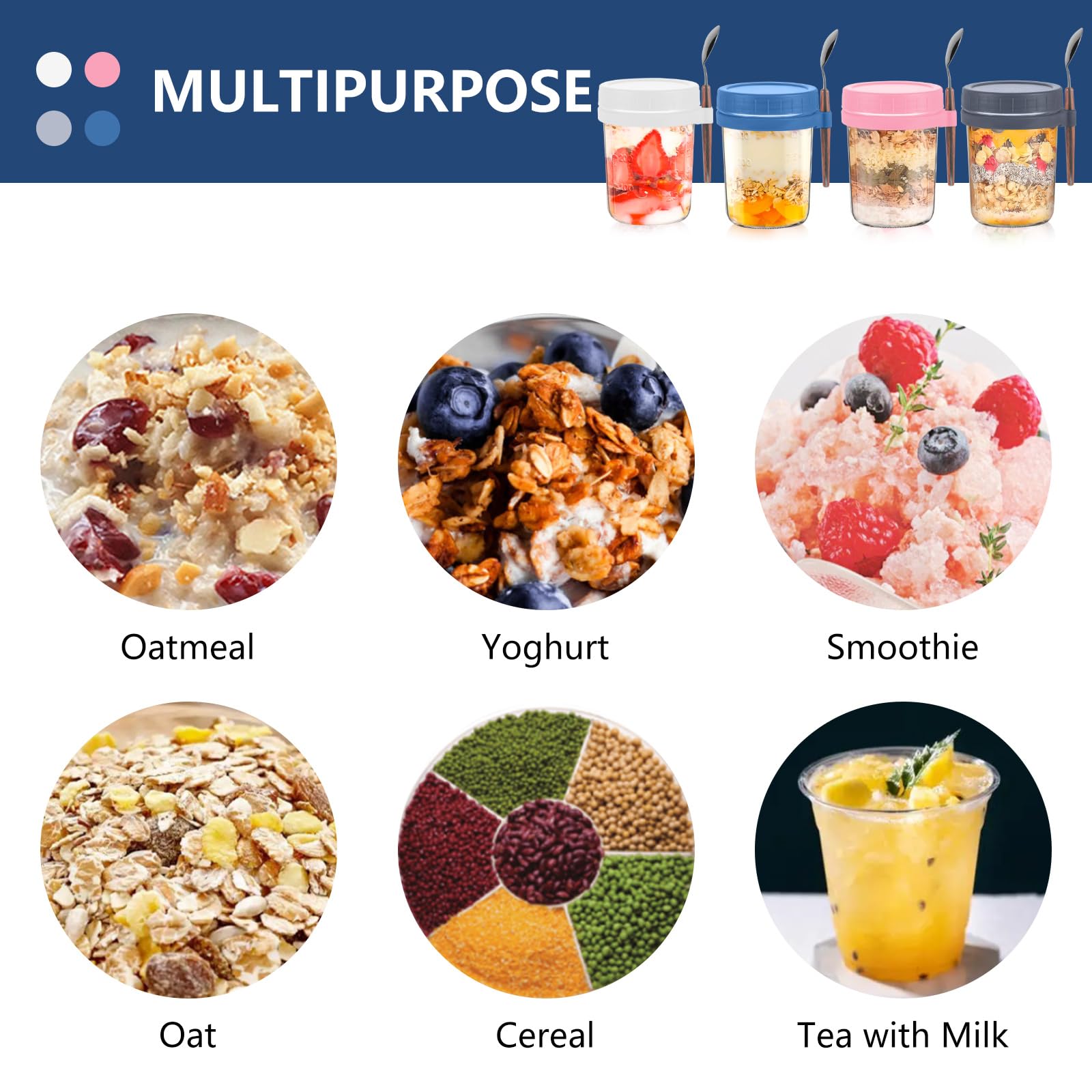 Esilihom 4 Pack Reusable Overnight Oats Jars with Lid and Spoon - Image 3