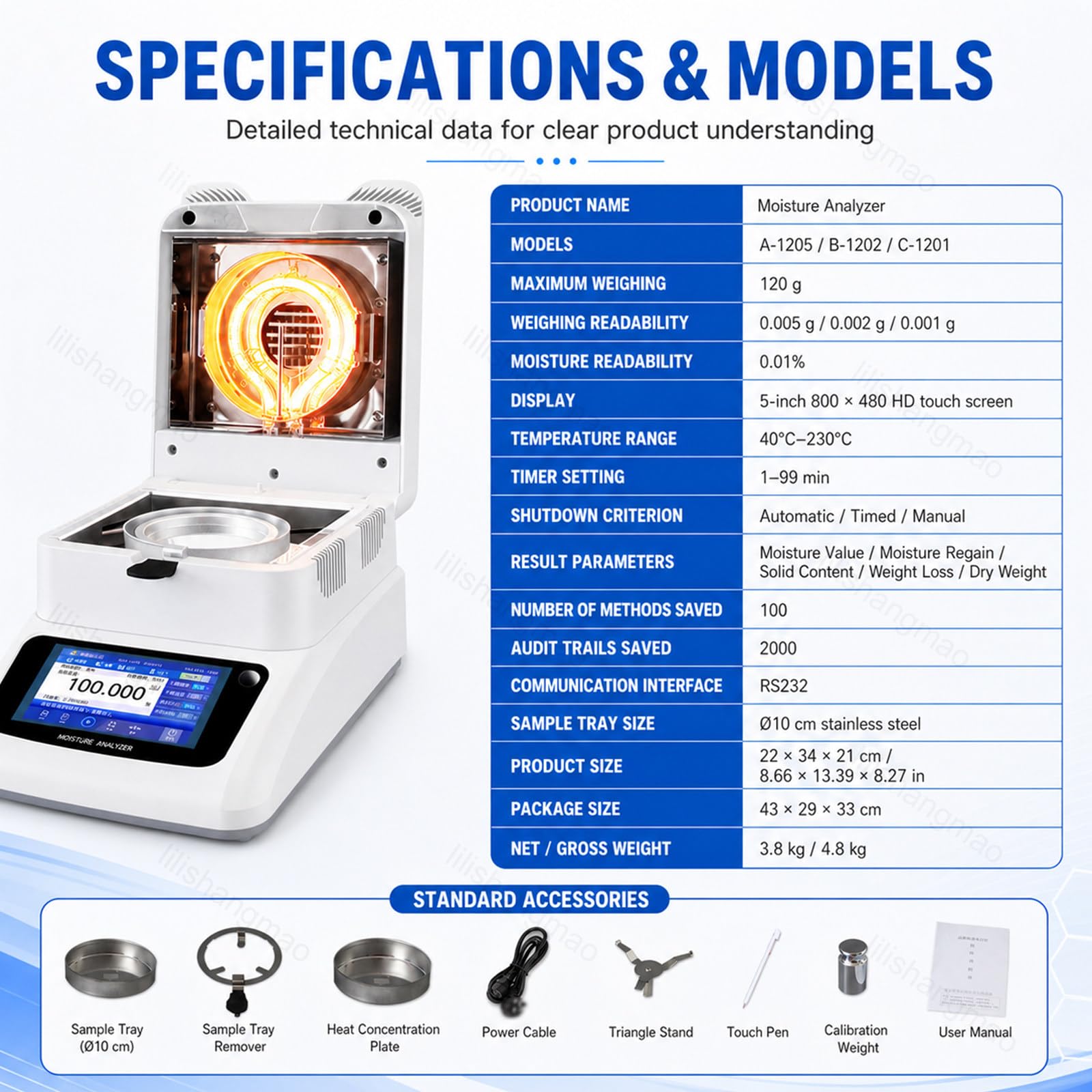 Balanza analizador de humedad, capacidad de 120 g, legibilidad del 0,01%, pantalla táctil de 5 pulgadas, temporizador, interfaz RS-232 para laboratorio y control de calidad