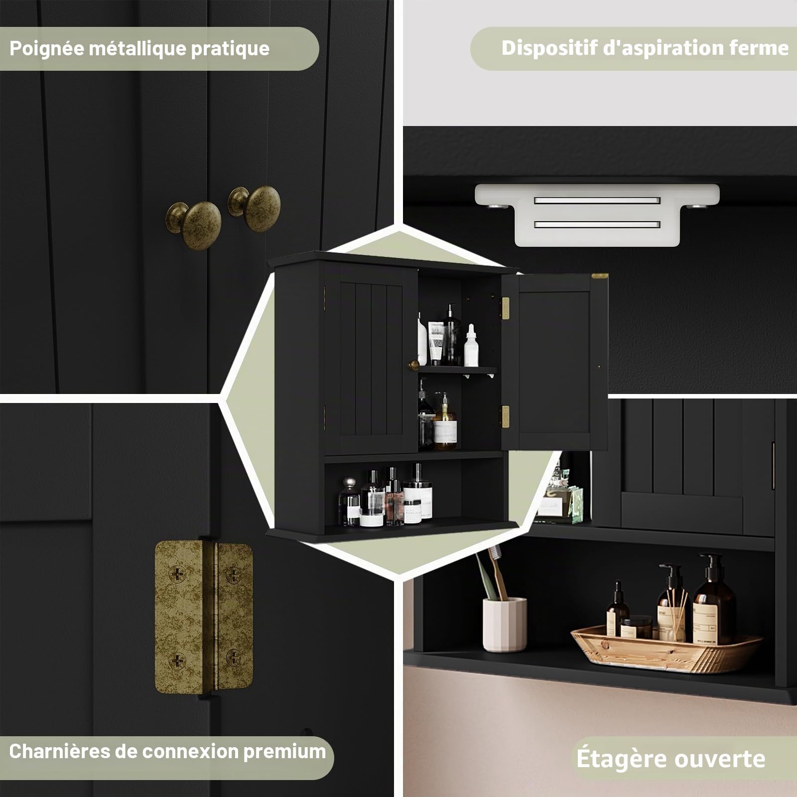 Smuxee Armoire de Toilette Murale Noire pour Petit Espace - Meuble Salle de Bain Suspendu avec 2 Portes et Étagères Réglables - Range-Toilette Étanche pour WC, Buanderie et Cuisine