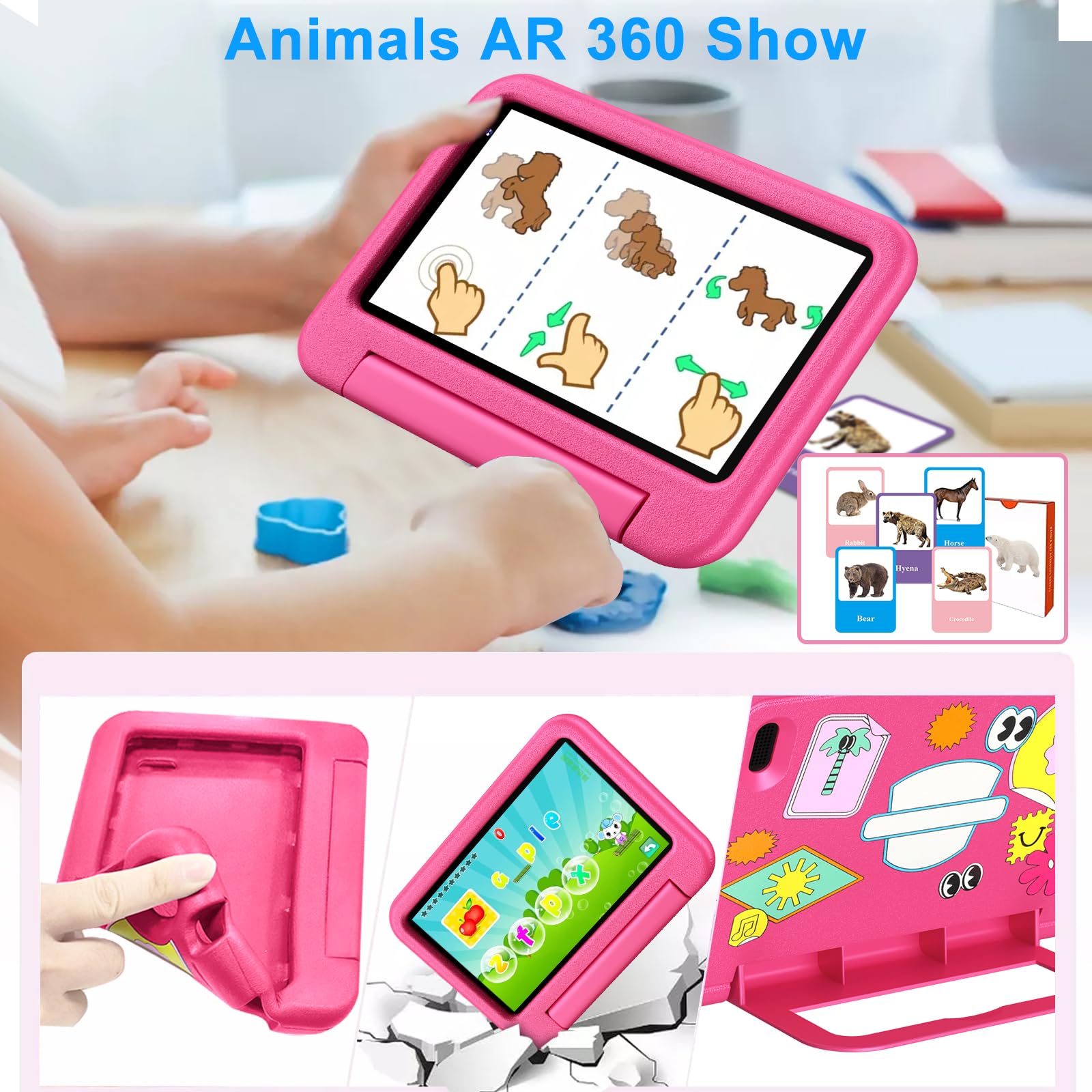 Tablet per Bambini Andorid 14 Tablets 7 Pollici 10GB RAM + 64GB ROM (TF 1TB), 5G WiFi 6, BT5.0, Octa-Core, Controllo Parentale | Doppia Fotocamera | GMS Certificated | GPS | Tablet con Custodia - Rosa
