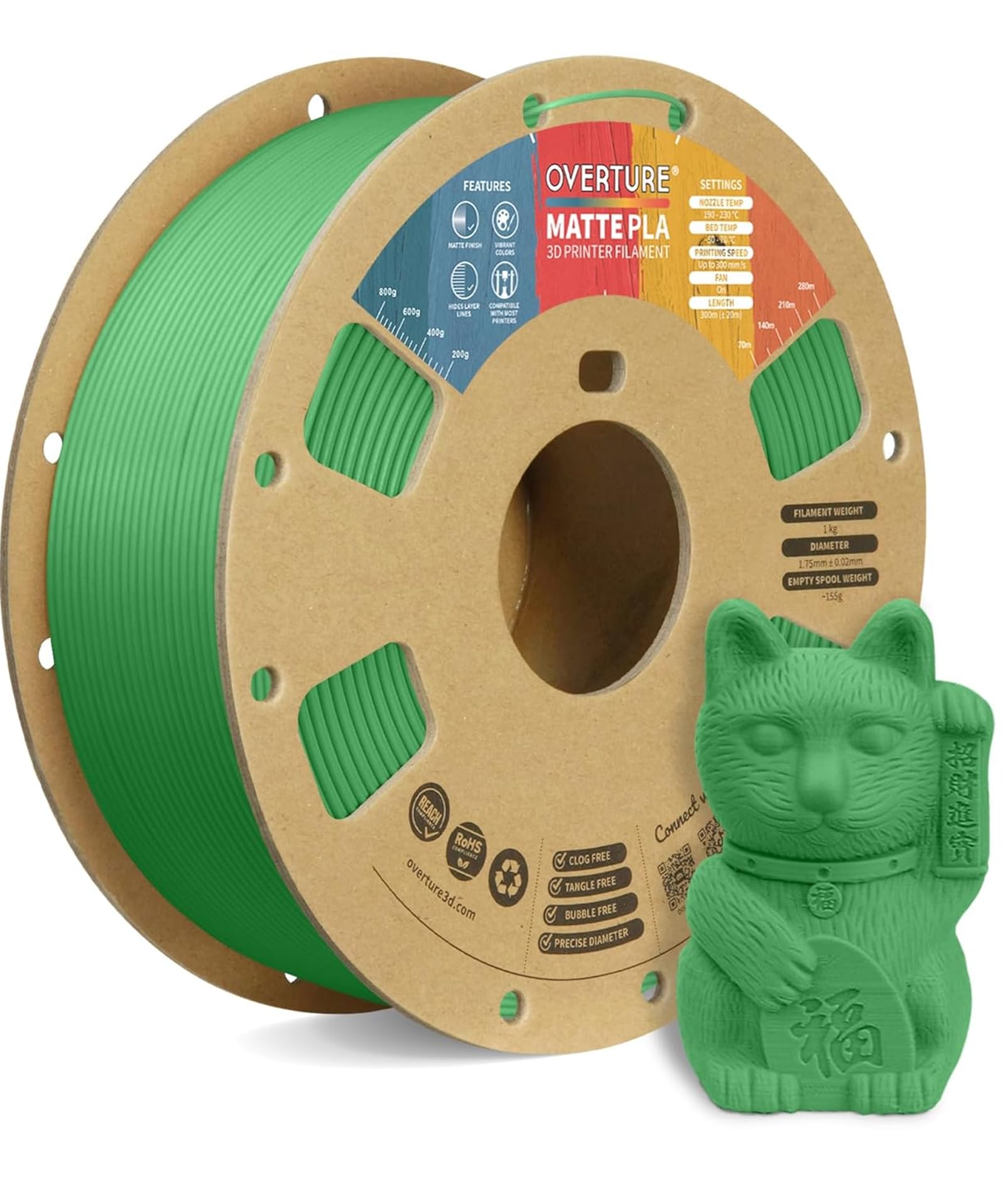 OVERTURE PLA Matte Filament 1.75mm with 3D Printer Build Surface 200mm ¡Á 200mm, Matte PLA Roll 1kg Spool (2.2lbs), Dimensional Accuracy +/- 0.05 mm, Fit Most FDM Printer, Green