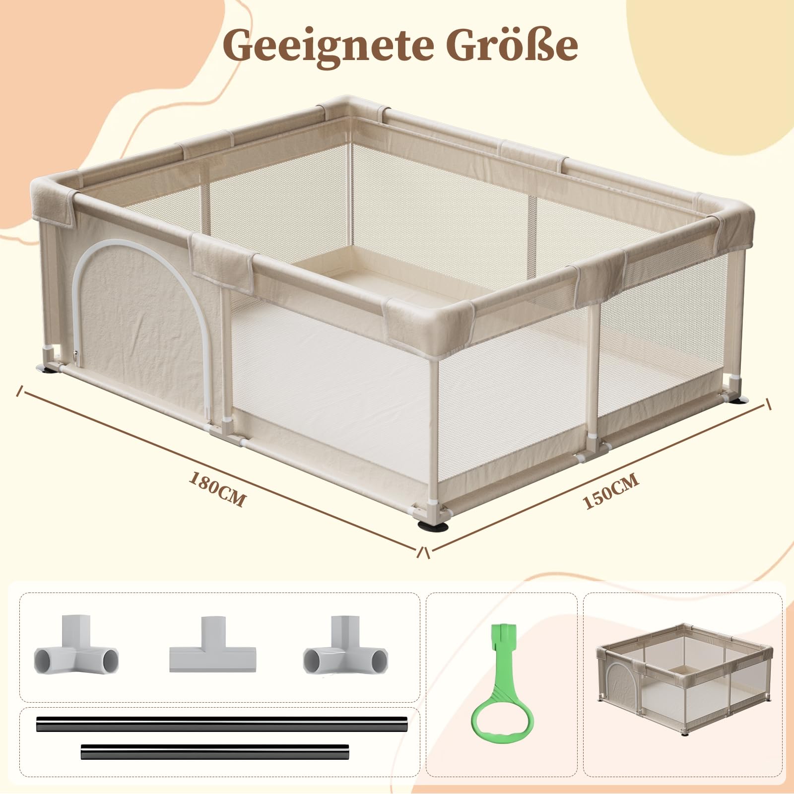 Koonmi Großes Laufstall Baby 150x180 cm Faltbarer Laufgitter mit atmungsaktivem Netz, Stoff & Saugnäpfen – für Babys & Kleinkinder, zusammenklappbarer Spielkäfig für Innen und Außen – Beige