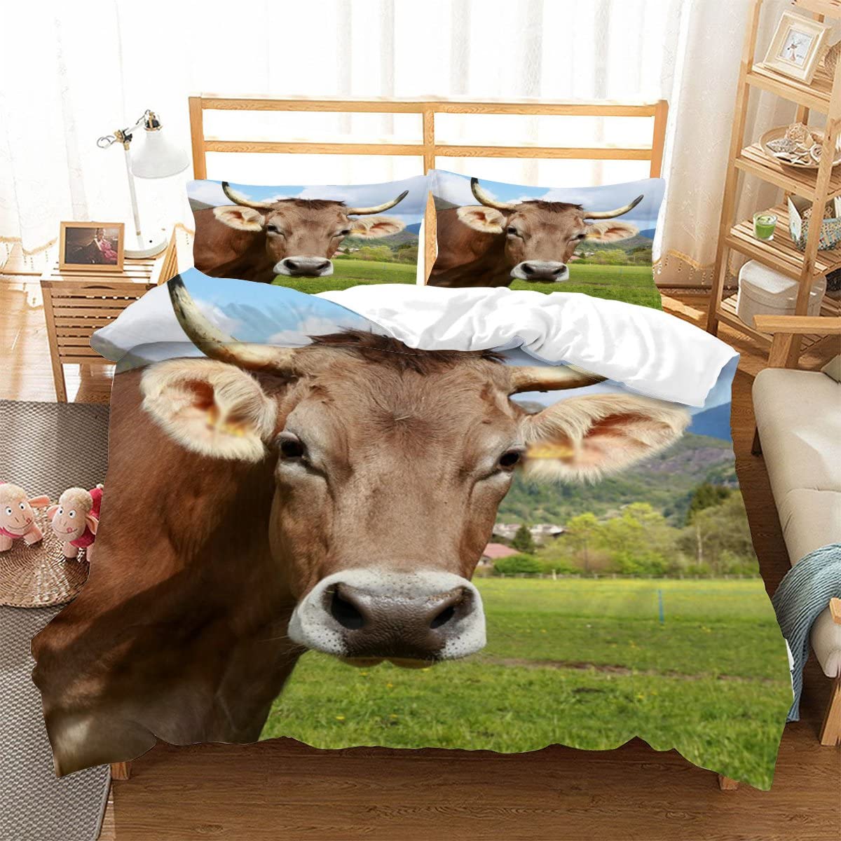 BUMIYA Kinder Bettwäsche Set 135x200 Bettwäsche kuhmotiv Lustige süße Kuh Bettbezug Mikrofaser Weiche mit Reißverschluss Kühe Auf Der Weide Jungen Mädchen Bettbezüge mit 2 Kissenbezug 80x80 cm