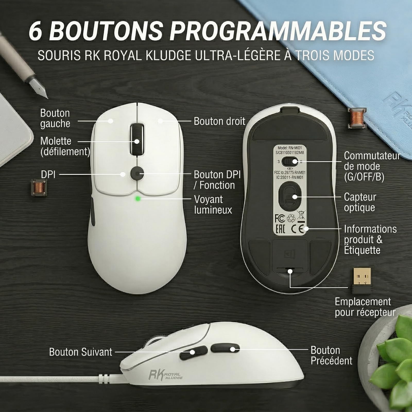 RK ROYAL KLUDGE MO1 Souris Gamer, Ultra-Légère 51g, 6 Boutons Programmables, Connexion 2.4GHz/Bluetooth/Filaire, Capteur Optique 6000 DPI, Blanc