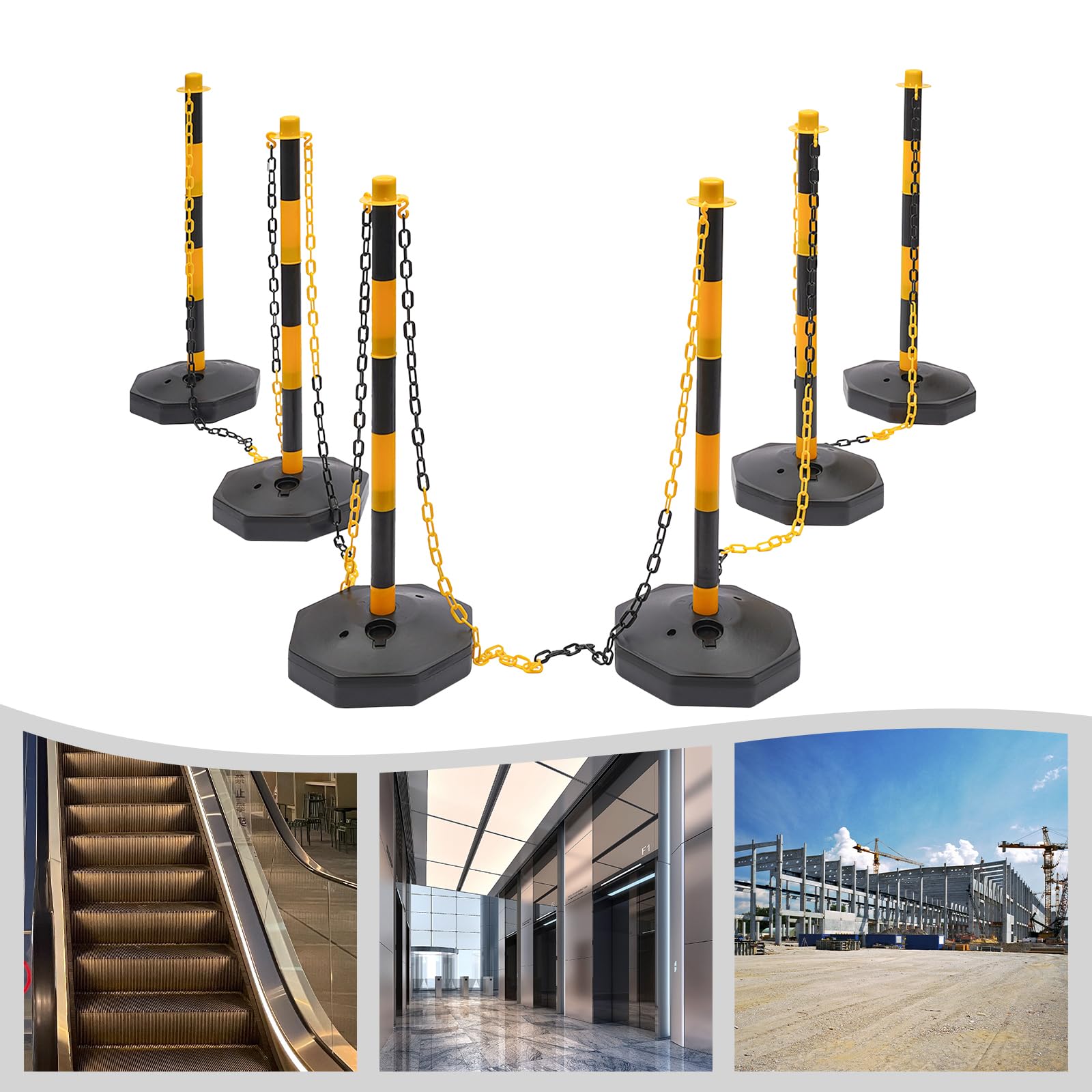 6 poteaux de barrière de parking avec 5 chaînes de barrière, hauteur réglable, peut être rempli de sable ou d'eau, pour système de guidage des personnes, barrière de stationnement, avertissement de