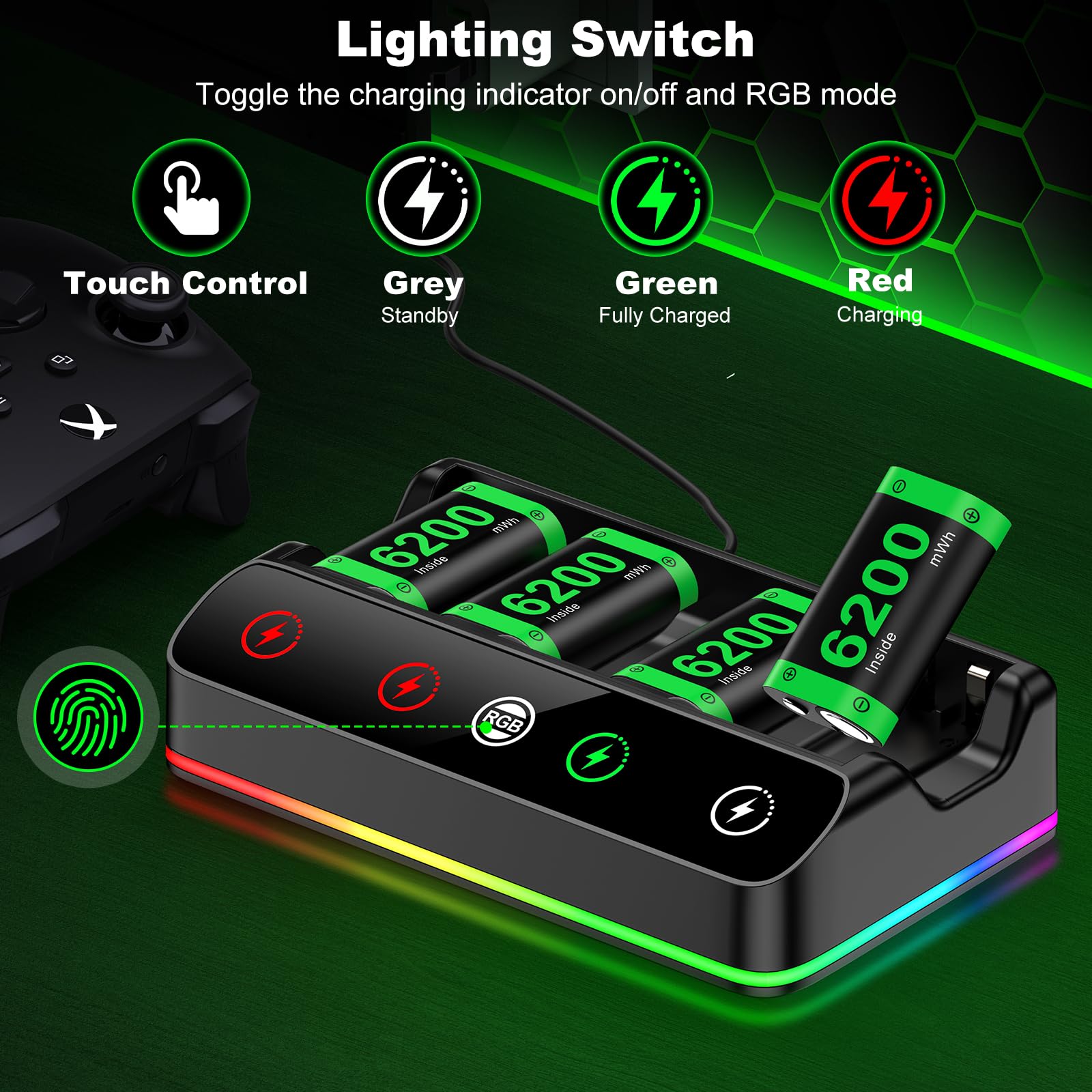 HELLCOOL Batteria per controller Xbox, 4 batterie da 6200 mWh ricaricabili con dock di ricarica/Cool RGB/cavo di ricarica, caricabatterie per Xbox Series X|S,One/Elite/S|X