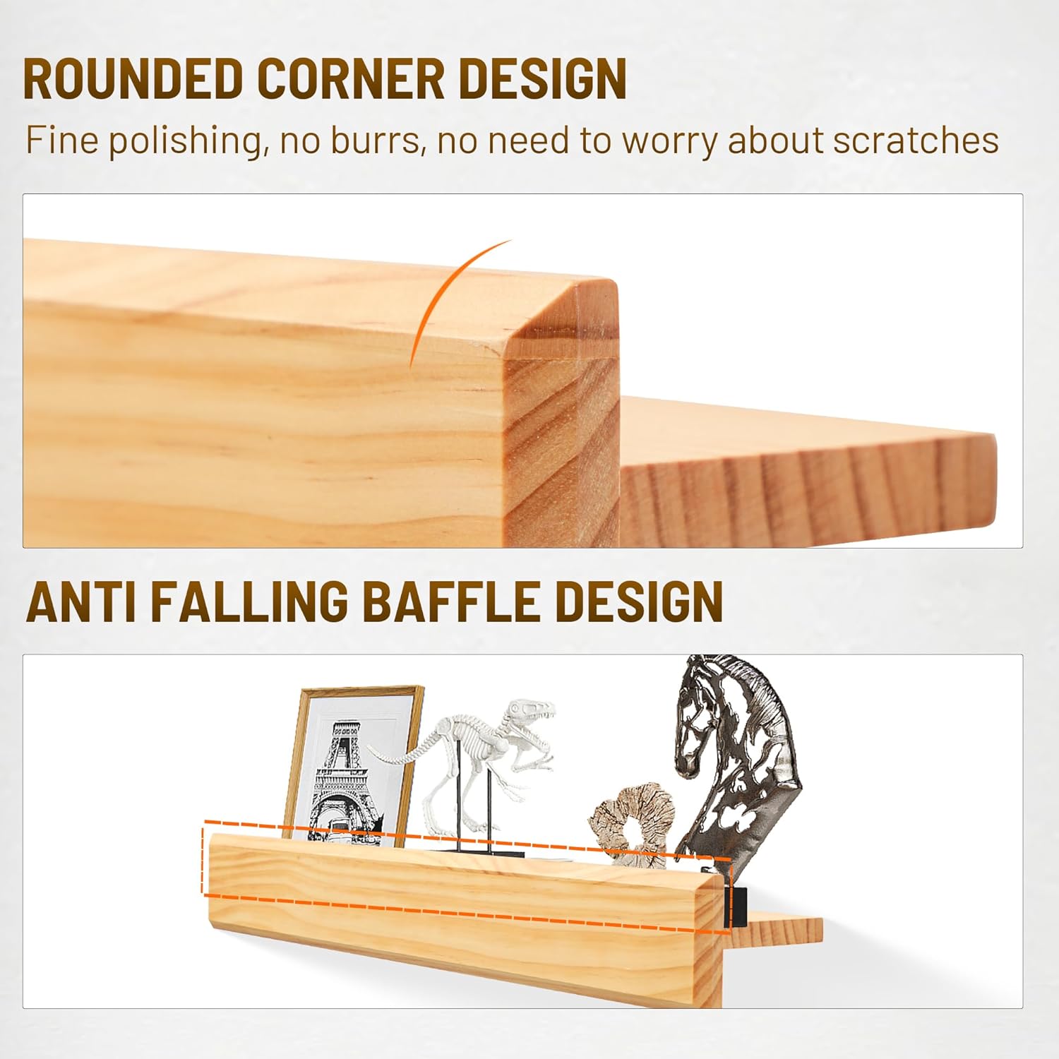 24 Inch Picture Ledge Shelf with Lip,Floating Shelves for Wall, Set of 2 Solid Pine Wood Shelves with Invisible Brackets, Wall Storage for Living Room, Bedroom, Kitchen, Bathroom(Nature Wood)