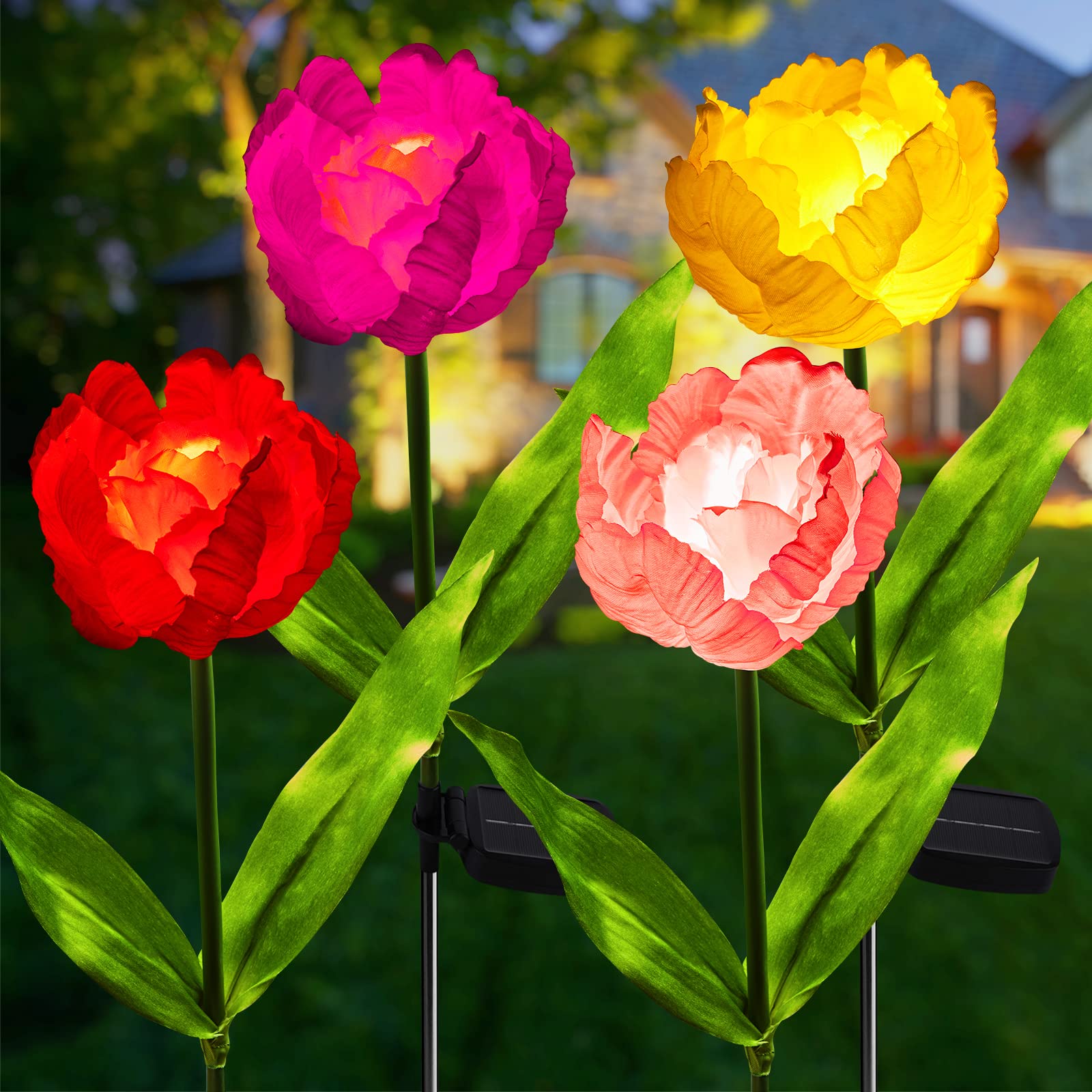 Brightown LED Solar Flower Lights - 4 Pack with More Realistic & Larger Tulip Flowers, Waterproof Outdoor Lights - Perfect for Decorating Yard, Patio, Lawn, Pathway, Walkway