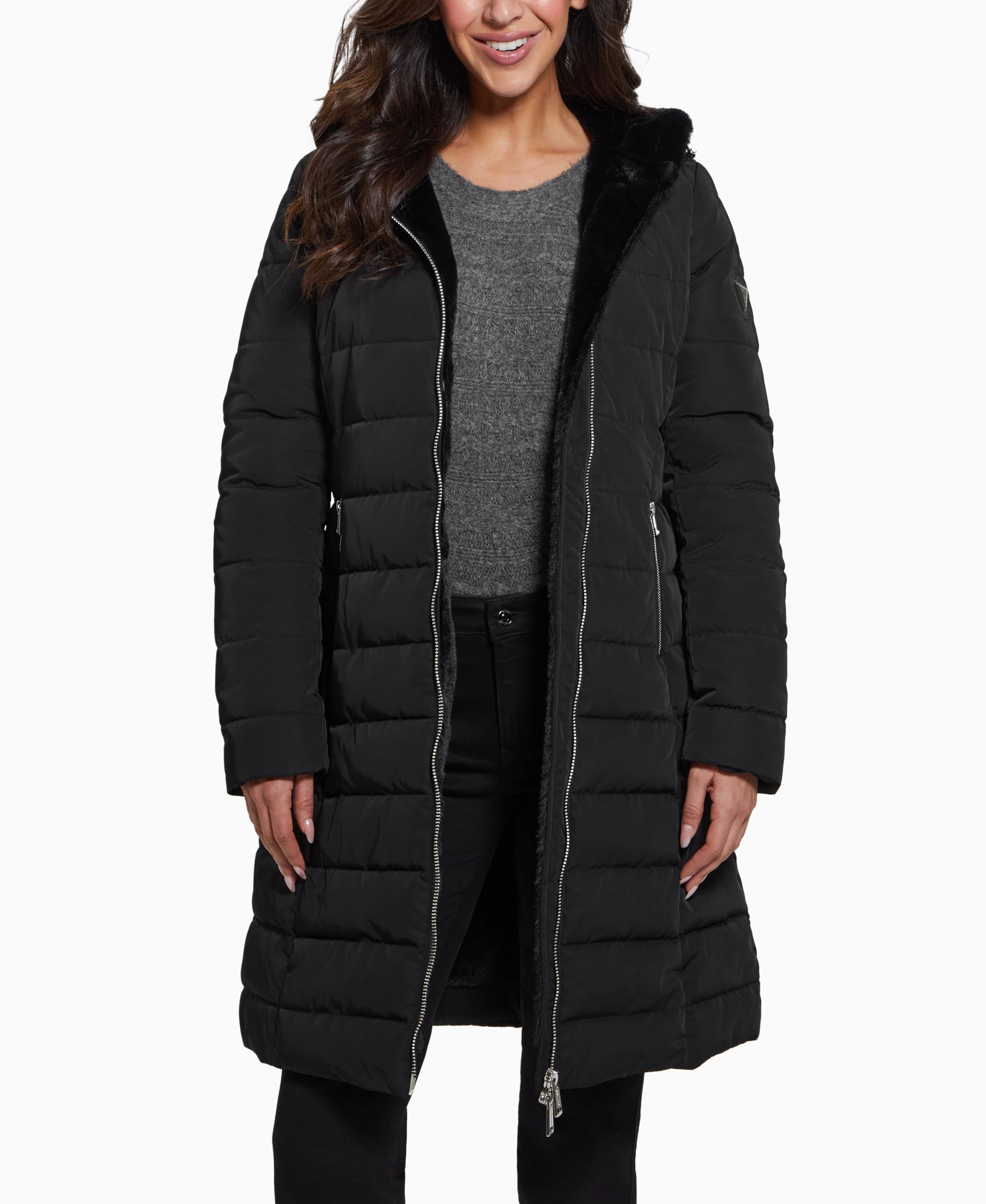 Guess Women's Jet Black Helena Long Fur Jacket, Medium