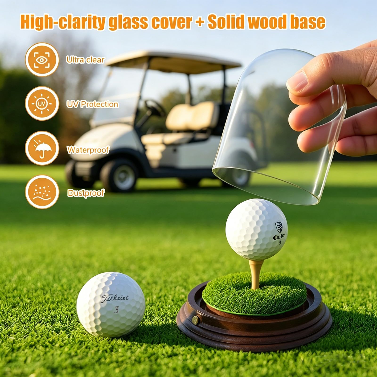 Vitrina para pelotas de golf con iluminación LED, soporte de recuerdo de cristal transparente con base de madera, soporte para pelotas de golf para recuerdos y coleccionables (para 1 pelota