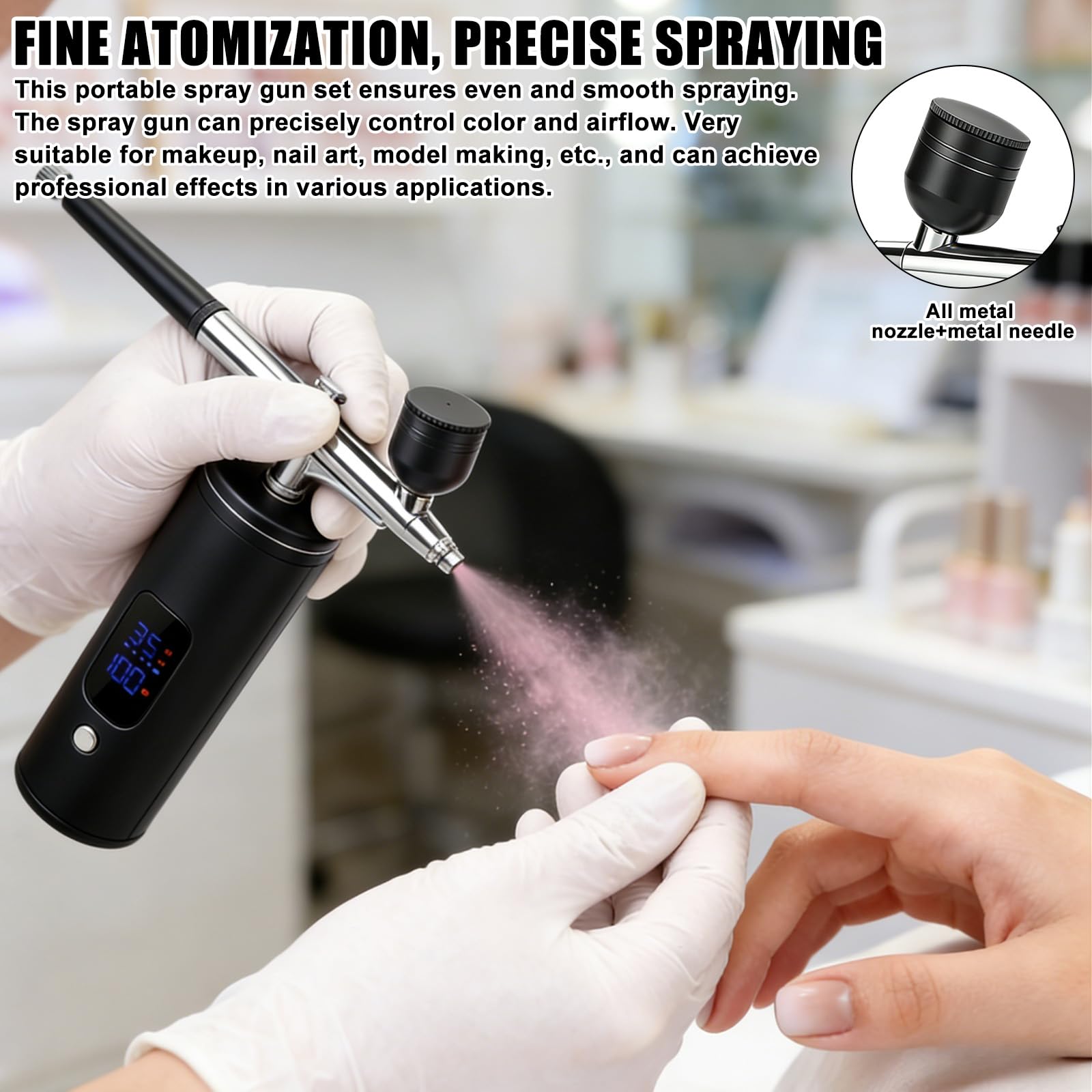 Set aerografo wireless con compressore, 30 PSI, batteria portatile, ricaricabile, pistola aerografo palmare, accessori per la pulizia del trucco, decorazione della torta e modello, nero