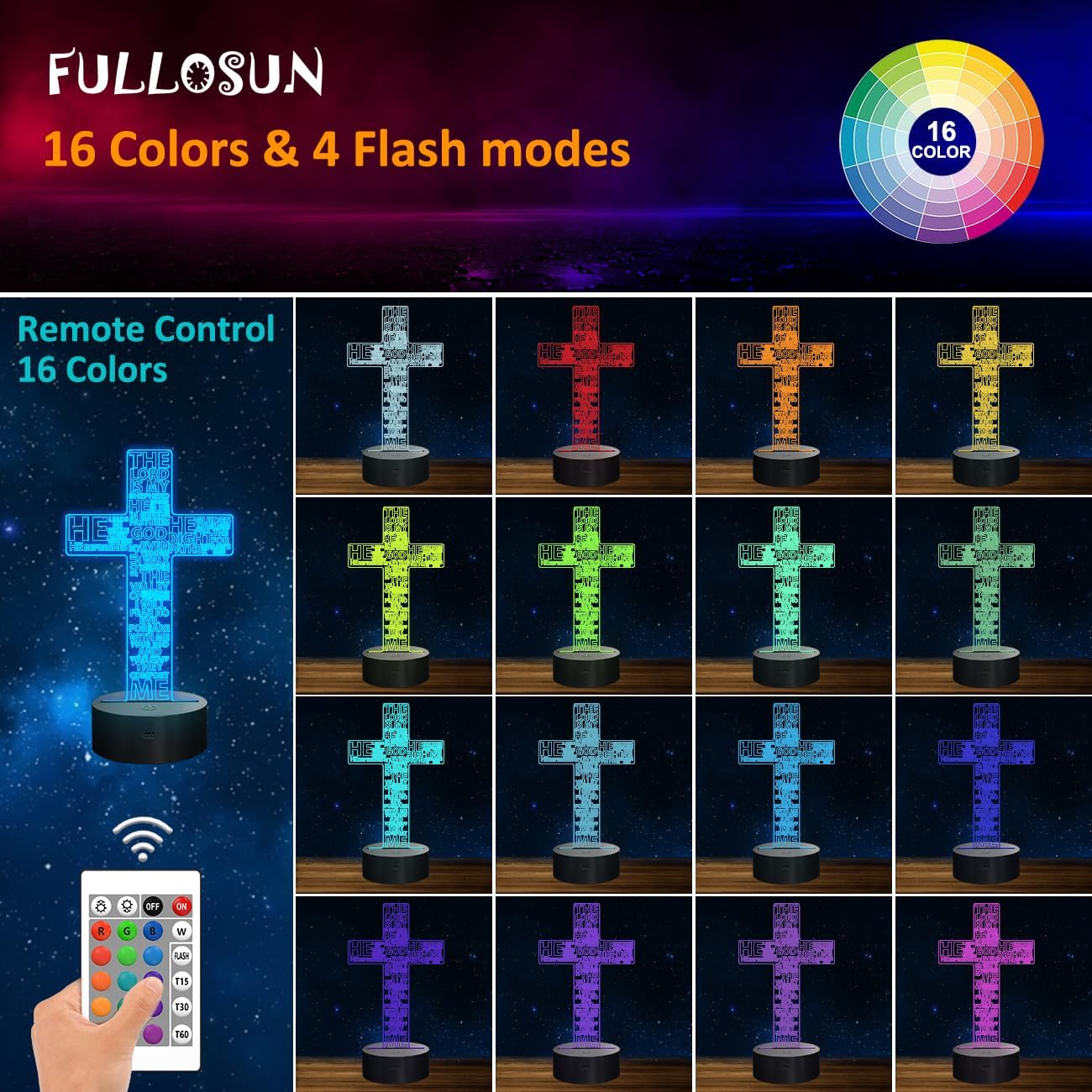 FULLOSUN Jesus Cross 3D Night Light, Christ Optical Illusion Lights 16 Colors Change with Remote Control, The Lord Desk Lamps Room Home Decor Xmas Birthday Easter Gifts image 2