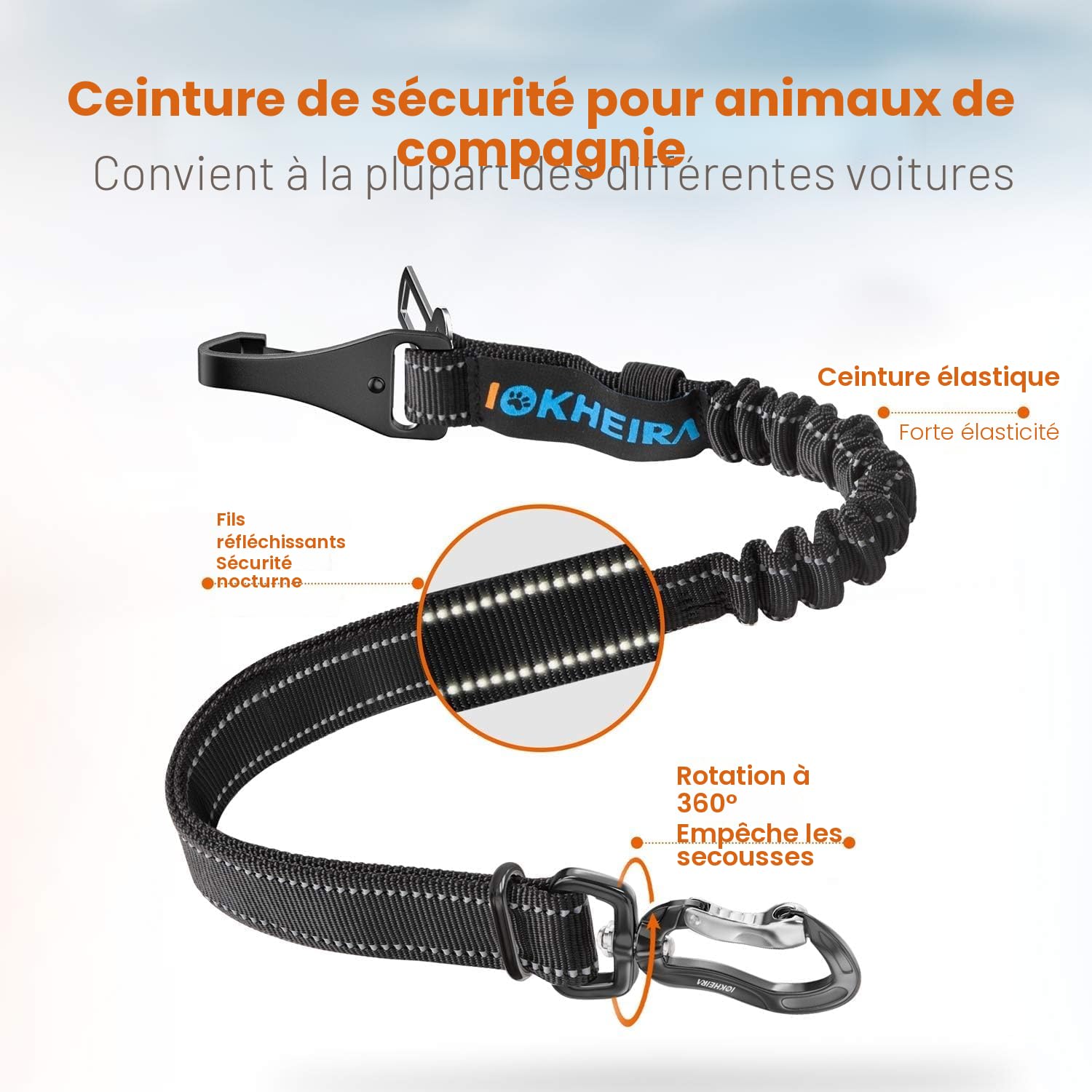 IOKHEIRA Ceinture Sécurité Chien, Trois en Un Ceinture Chien Voiture, Reglable Nylon Durable Harnais Voiture Chien, avec Coussin élastique Antichoc, pour Tous Les Chiens et Chats, Nylon Noir