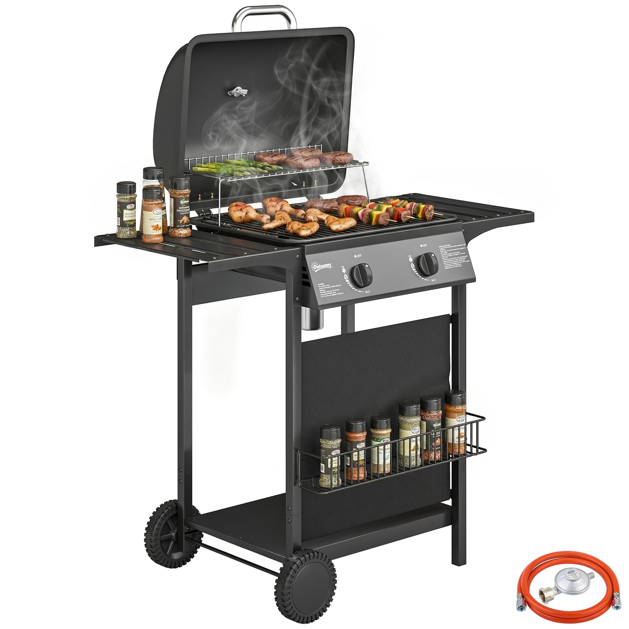 Outsunny Barbecue a Gas 2 Bruciatori 5KW BBQ Portatile Griglia Acciaio Inox con Ruote Giardino