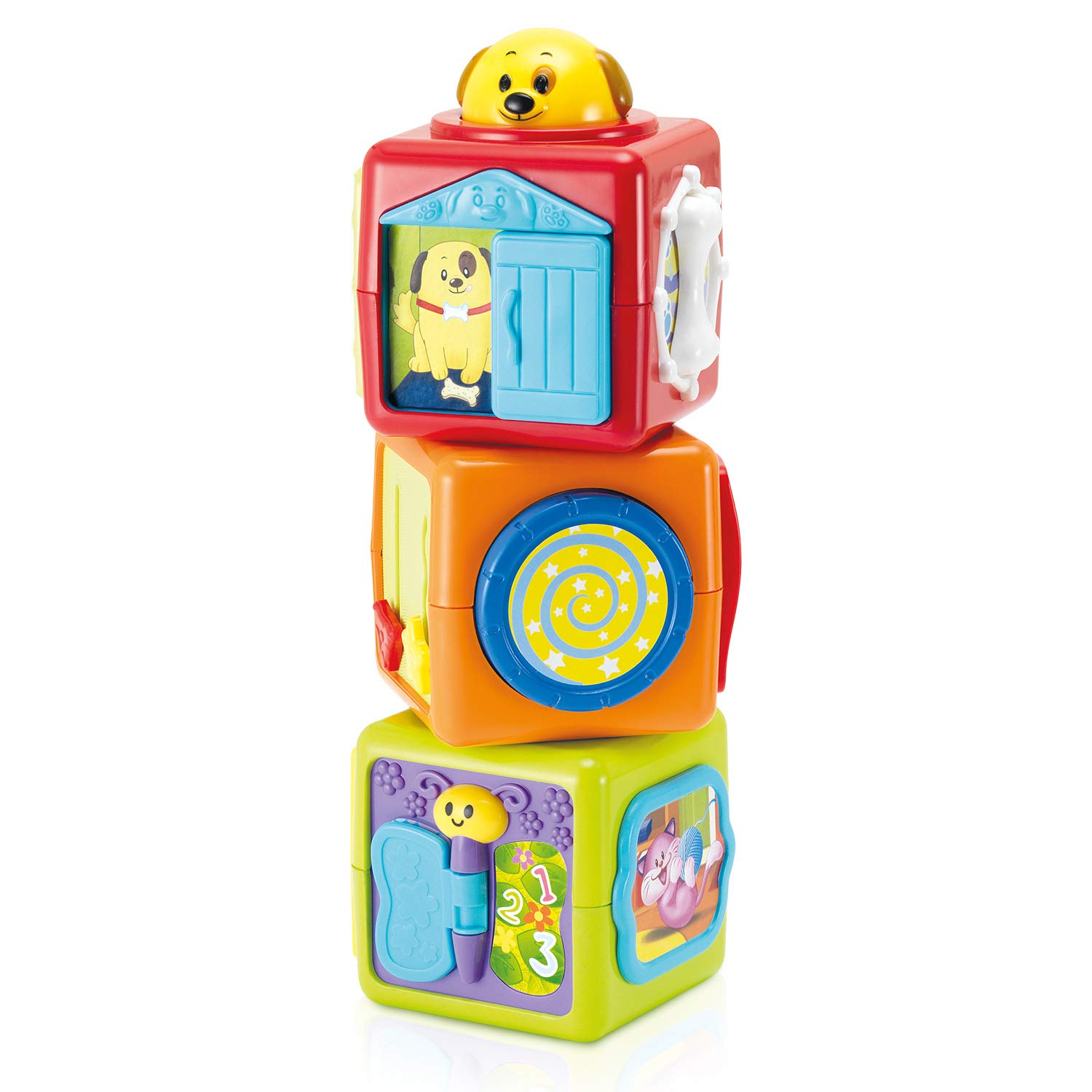 Bambiya Baby Stacking Blocks Set of 3 - Activity Cube Learning Toys with Animal Theme - Fine and Gross Learning Motor Skills: Slide, Spin, Wiggle, Turn, Stack - For Babies 3+ Months - ASTM Certified