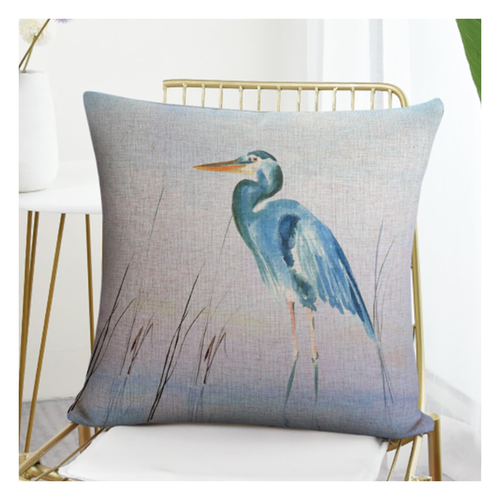 Heron Water Art Linen Pillow Cover 18x18 Inch – Reversible Decorative Throw Pillowcase For Sofa, Bed, Car