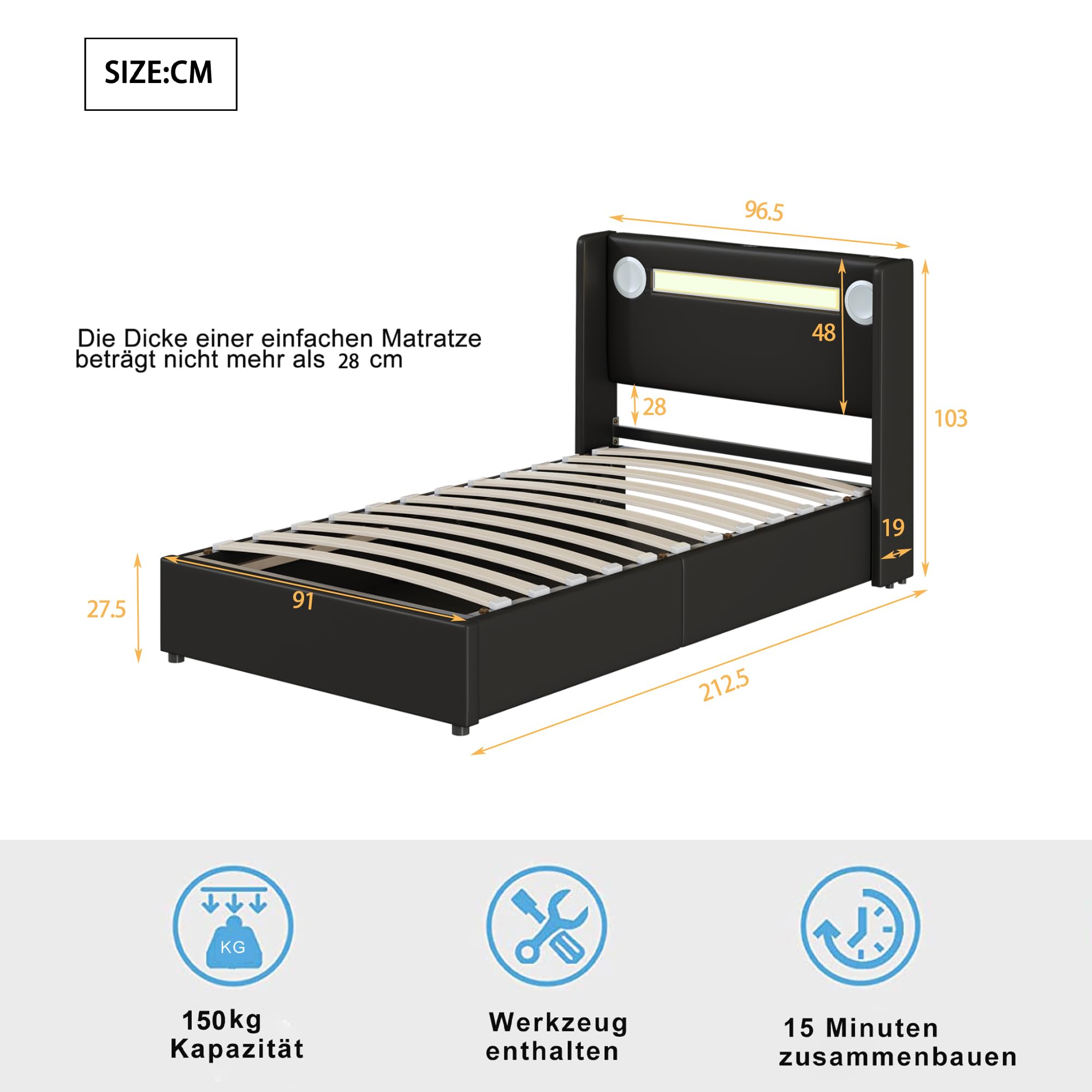 Merax Cama tapizada de 90 x 200 cm con tiras de luz LED, espacio de almacenamiento cama con reproductor Bluetooth y carga USB, para jóvenes, adultos, piel sintética negra (sin colchón)
