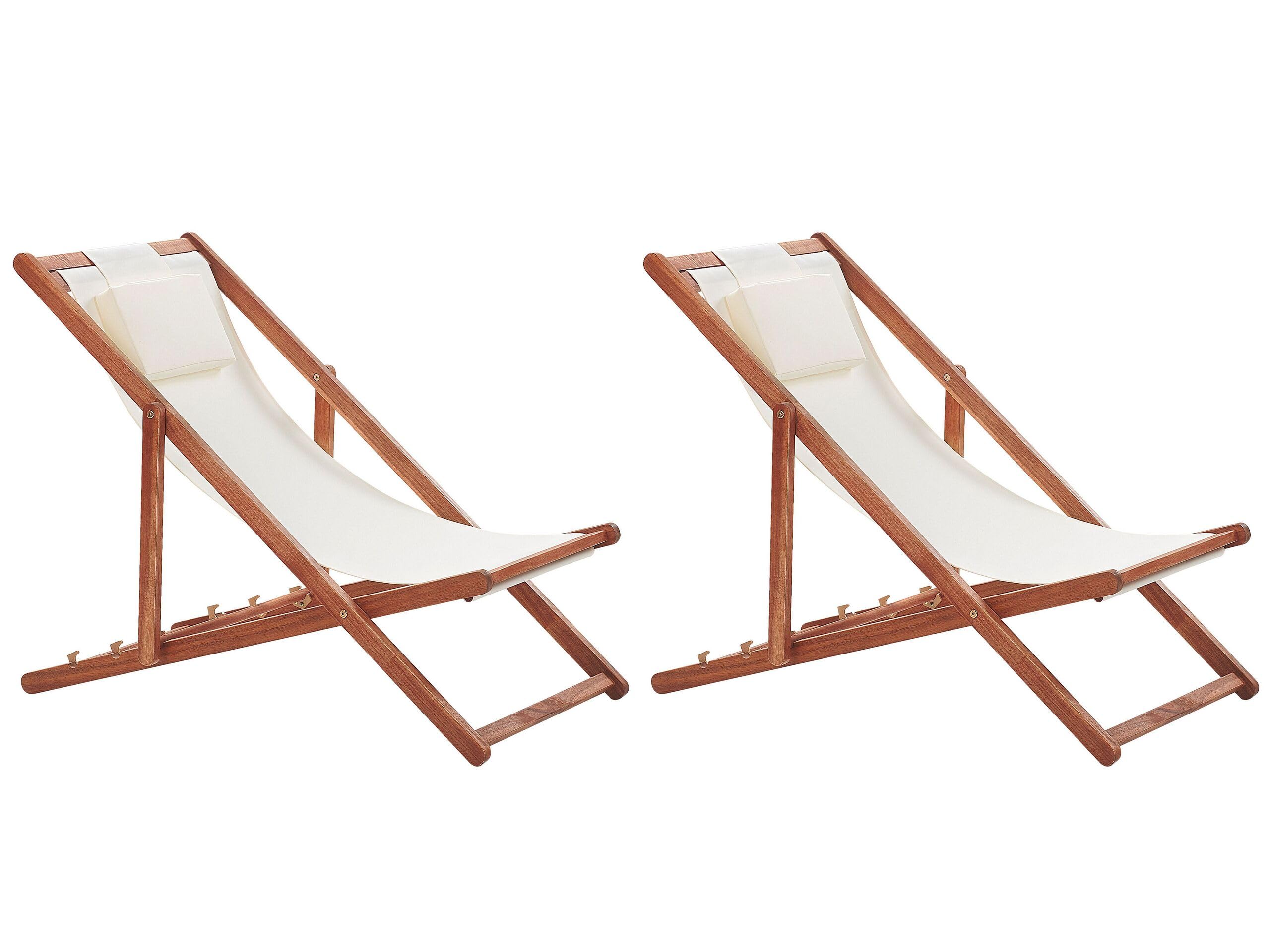 Conjunto de 2 tumbonas de jardín de madera de acacia oscura blanco crema con 2 telas a elegir reclinable plegable Avellino