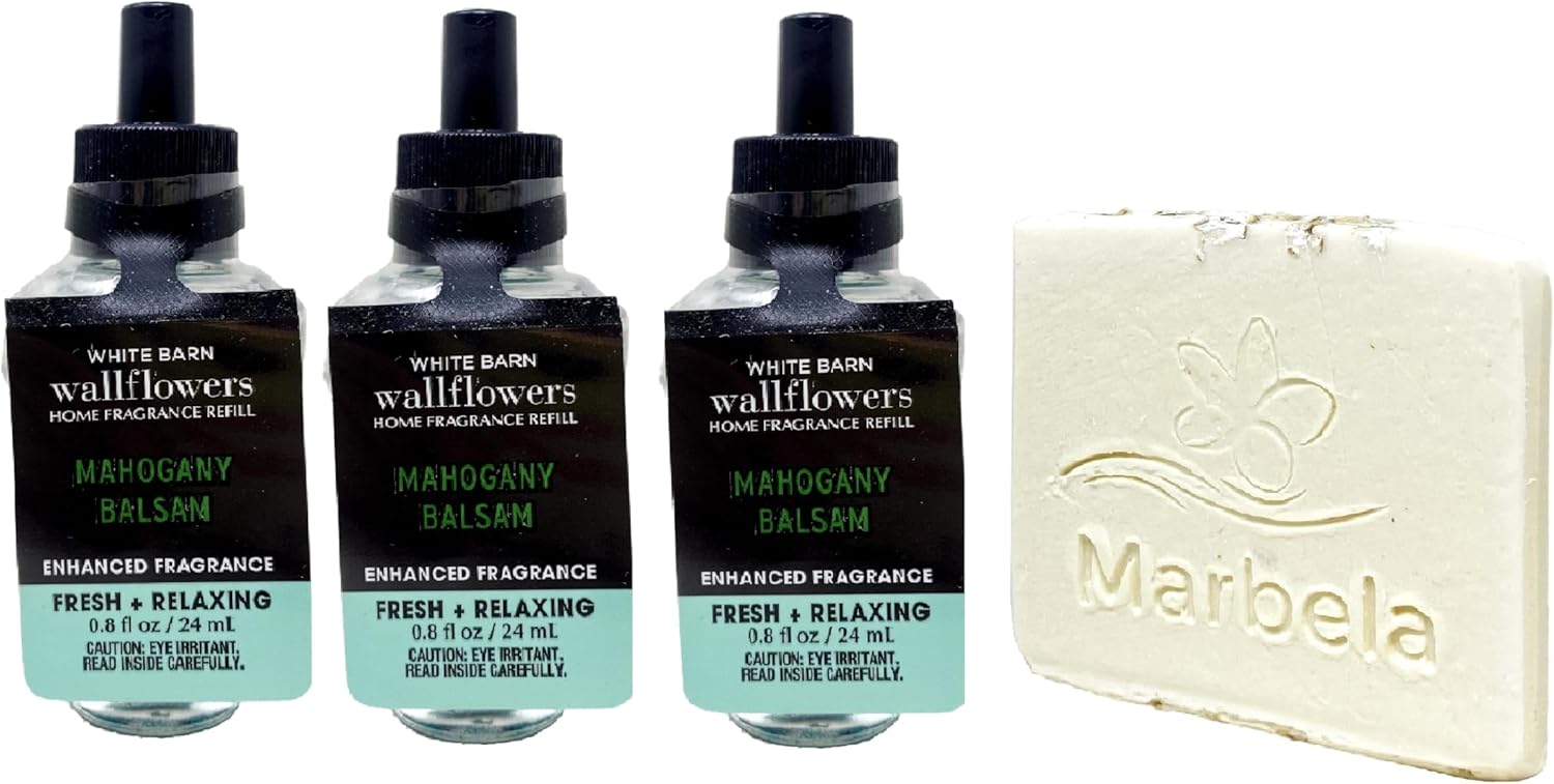 Bath & Body Works Mahogany Balsam 3 Pack Wallflowers Home Fragrance Refill Bundle with a Natural Oats Sample Soap