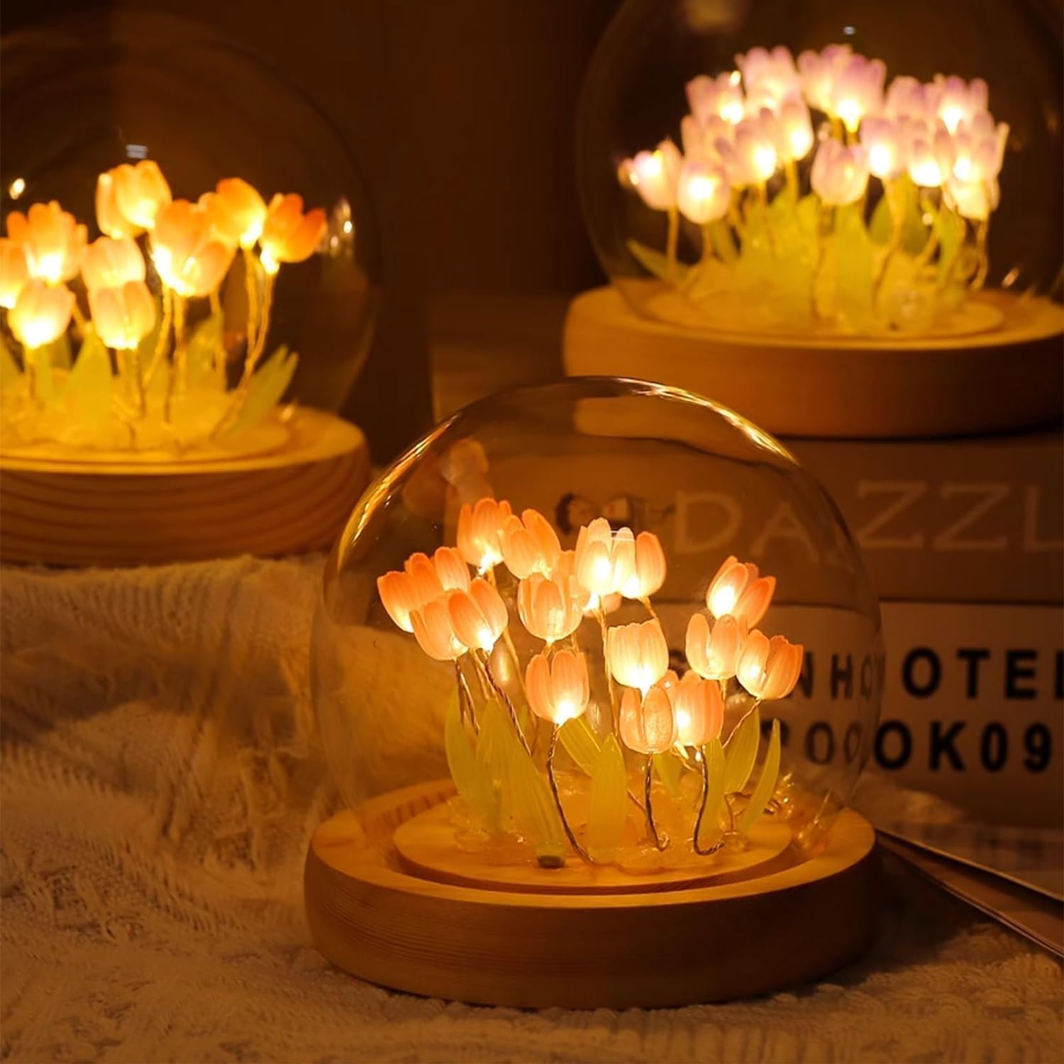 BELOXY Romantic LED Tulip Night Light with Wooden Base, USB Powered, 9 DIY Tulip Flowers, Soft Pink Glow Tulip Light (1)