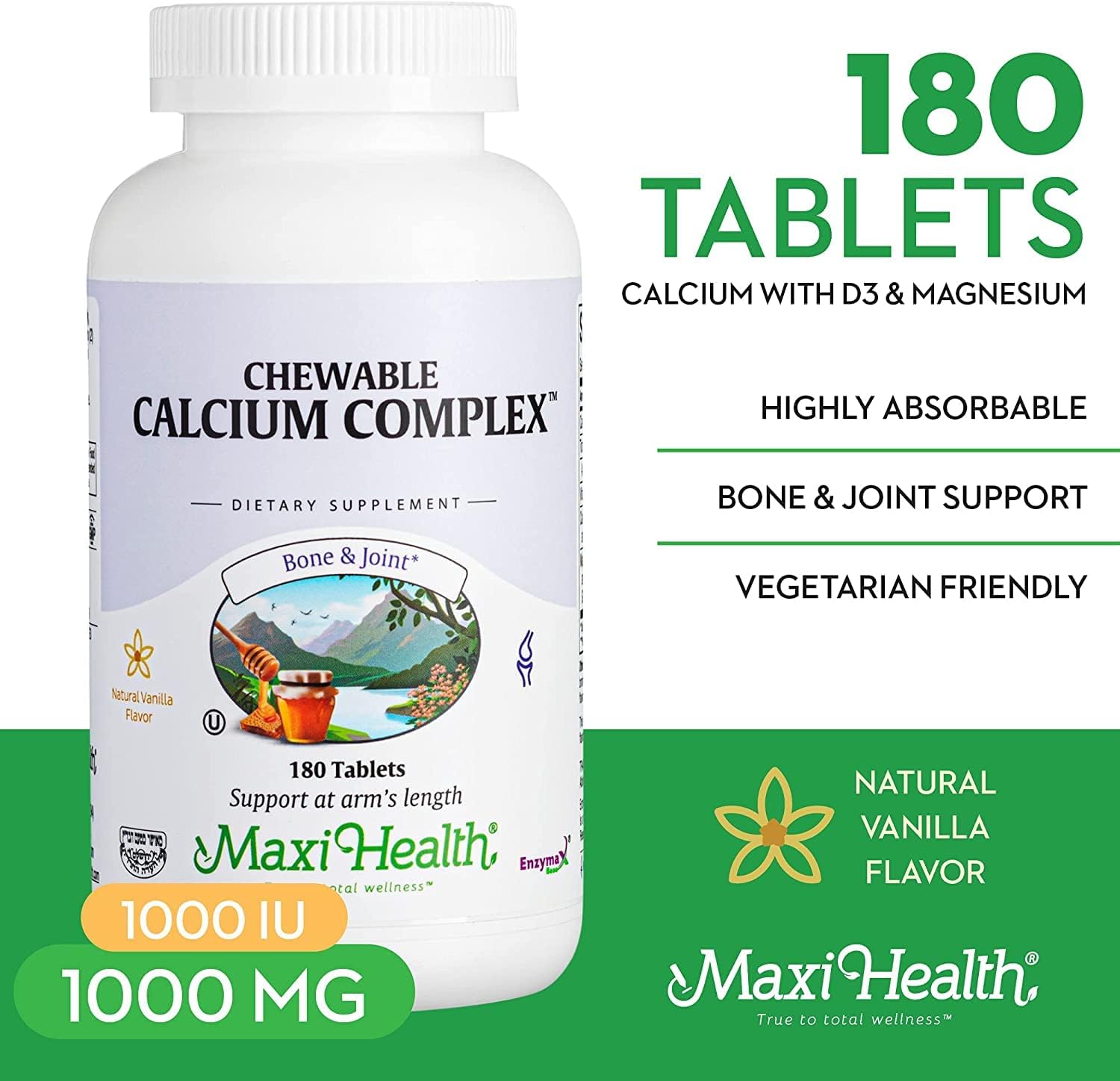 Maxi Health Chewable Calcium Complex – Vanilla Flavor Vitamin D3 and Magnesium Chewables to Help Support Bones – Kosher Magnesium and Calcium Supplement for Women and Men (180 Count, Pack of 2)