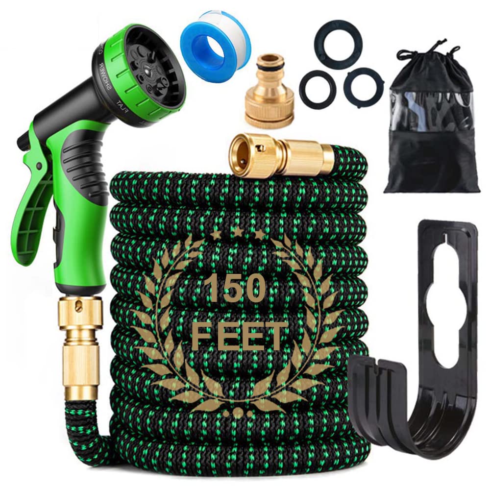 150FT Expandable Garden Hose Pipe Set & 10 Pattern Spray Nozzle Flexible Expanding Magic Hose with 3/4" 1/2" Fittings for Outdoor,Garden,Home (Green)