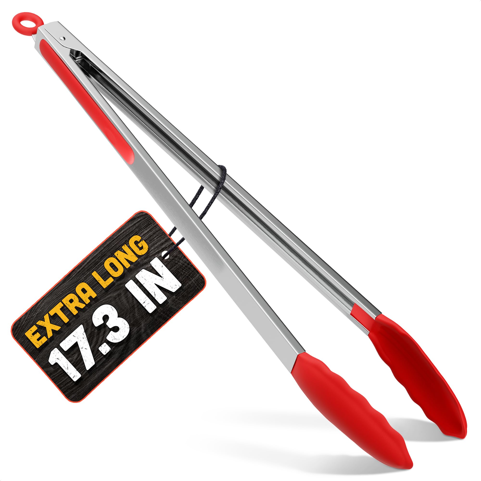 Salad Tongs - 17.3" Long Tongs for Cooking with Silicone Tips & Stainless Steel Frame for Salad Mixing & Serving for Safe Turning of Steaks, Burgers & Veggies - Easy-Lock Handle for Grip & Storage