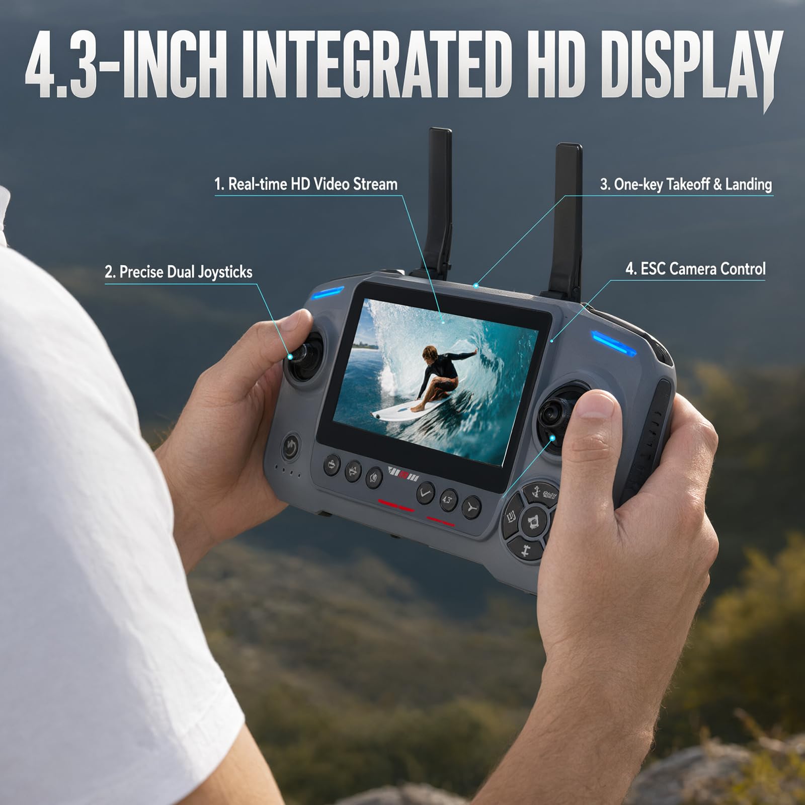 Drone con fotocamera, telecomando con schermo da 4,5 pollici, prevenzione intelligente degli ostacoli, fotocamera regolabile a 90 gradi, scheda SD inclusa, 2 batterie, adatto per adulti e principianti