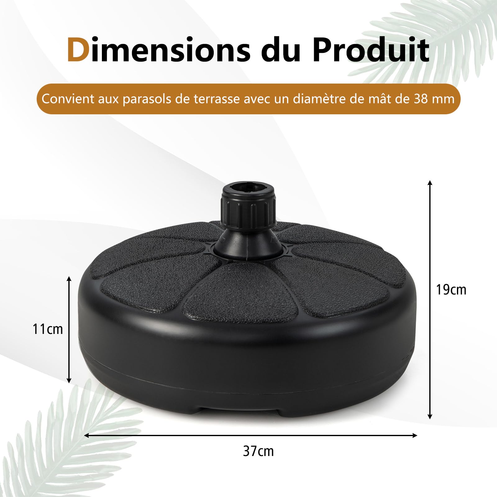 COSTWAY Pied de Parasol pour Parasol φ38mm, Support Parasol Extérieur en HDPE Rempli de 18 kg Sable & Eau/15 kg Sable / 9,5L Eau, Poignée de Transport, pour Terrasse Piscine Jardin, Dia.37 x H19 cm