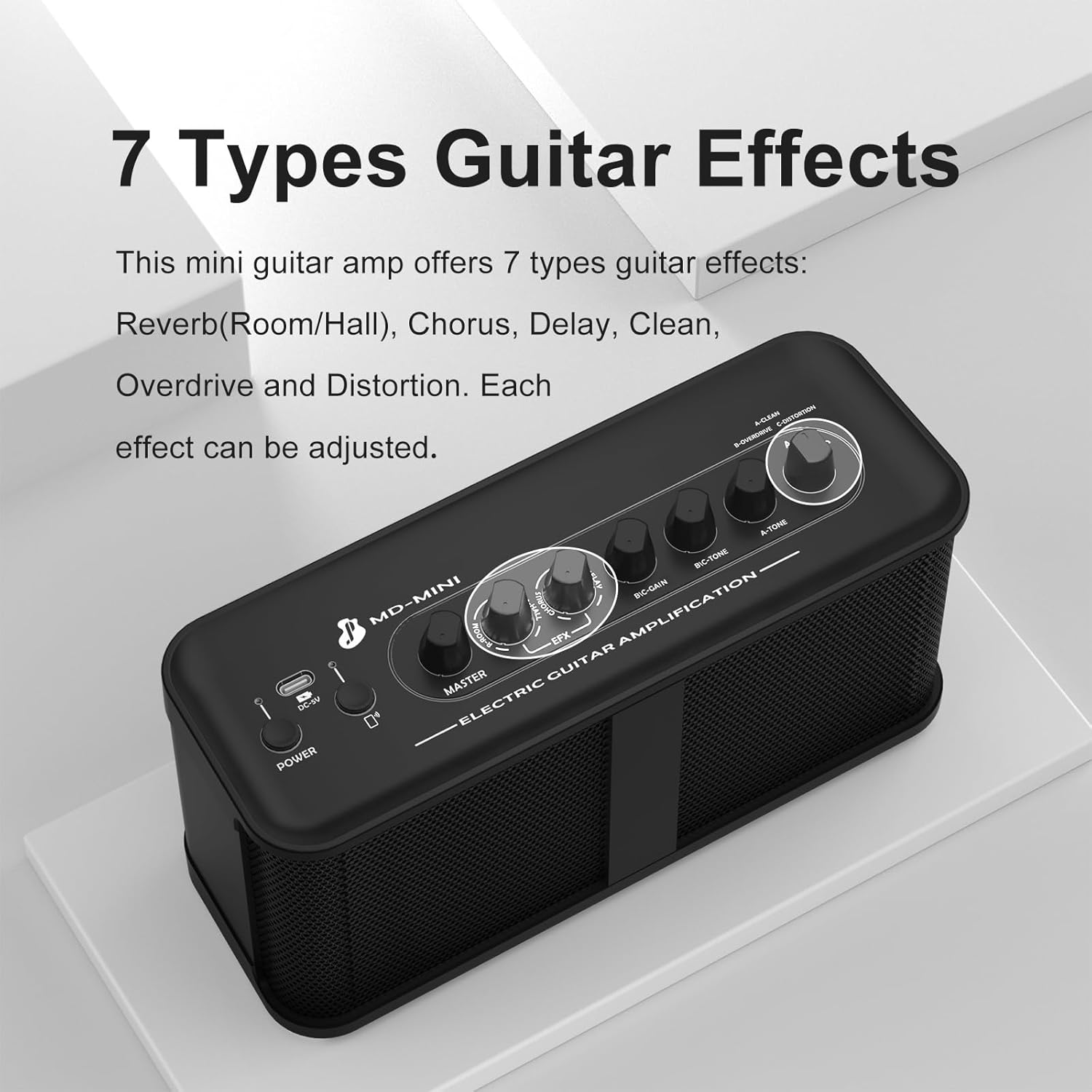 Mini Guitar Combo Amplifier, 5W Portable Electric Guitar Amp Rechargeable, Wireless Guitar Practice Amp with 7 Types Effects, Supports Headphone, AUX, REC and Gain Tone Volume Control - Image 2
