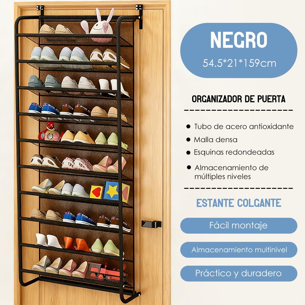 Organizador de Zapatos Colgante para Puerta de 10 Niveles, Negro, Marco de Acero con Malla, 54.5x21x159cm, Ahorro de Espacio, Multiusos (Negro, 54x21x159 CM)
