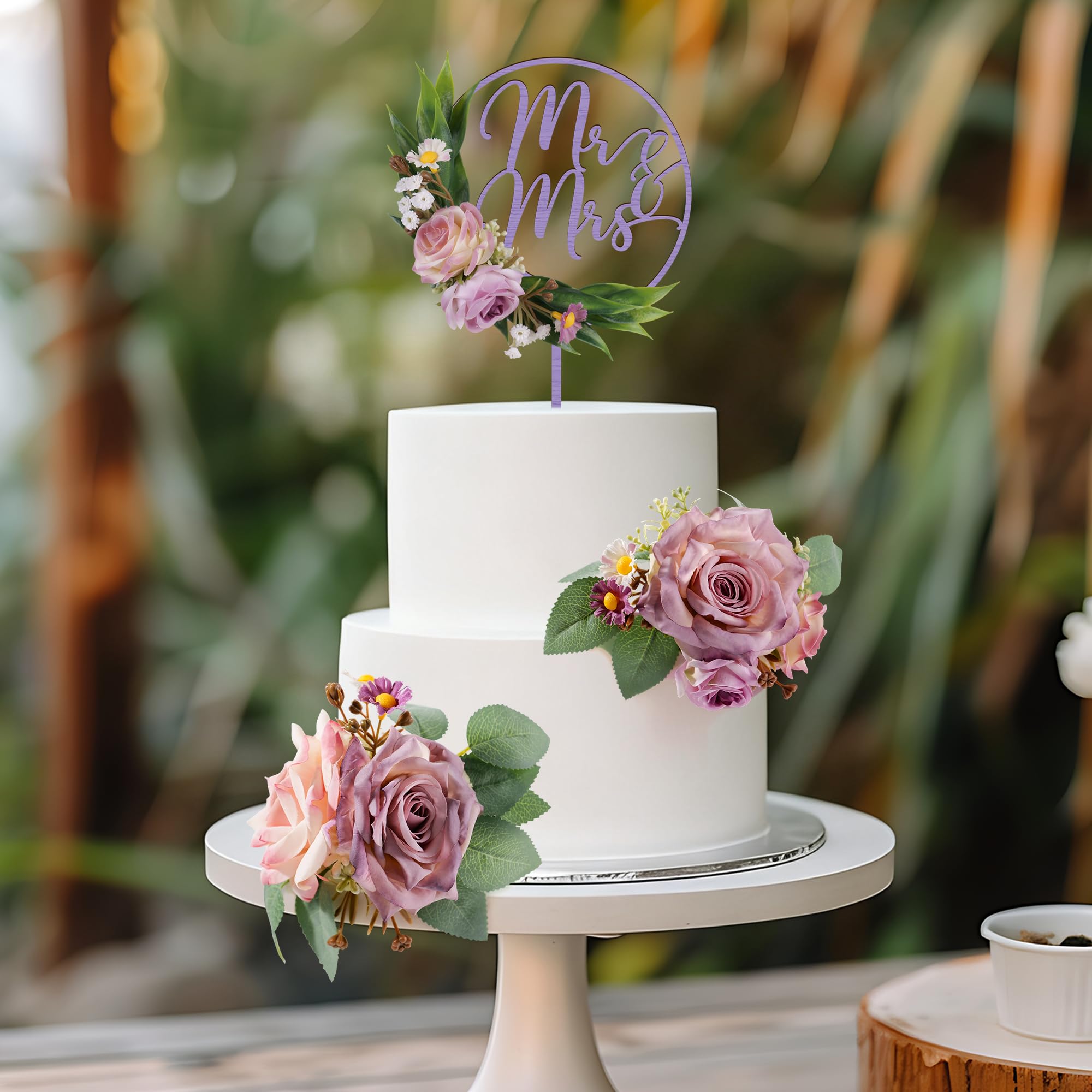 1 Pièce Bois Mr&Mrs Cake Topper Mariage & 2 Pièces Roses Violette‌s 3D Fleurs Artificielles Décoration Gâteau Mariage（Violet‌）