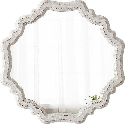 Espejos redondos rústicos festoneados blancos para decoración de pared de sala de estar de 15.7 pulgadas, espejo de tocador circular de madera