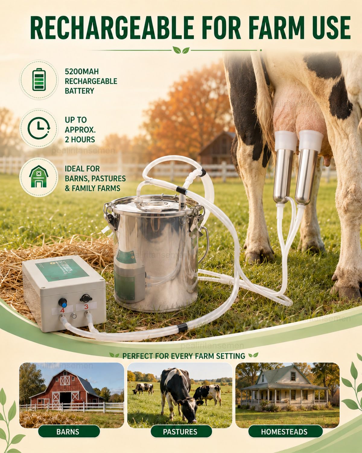 Máquina De Ordeño para Vacas, Ordeñadora Eléctrica con Cubo De Acero Inoxidable De 10 L, Batería De 5200 mAh Y Parada Automática para Establos, Ranchos Y Granjas Familiares forSheep