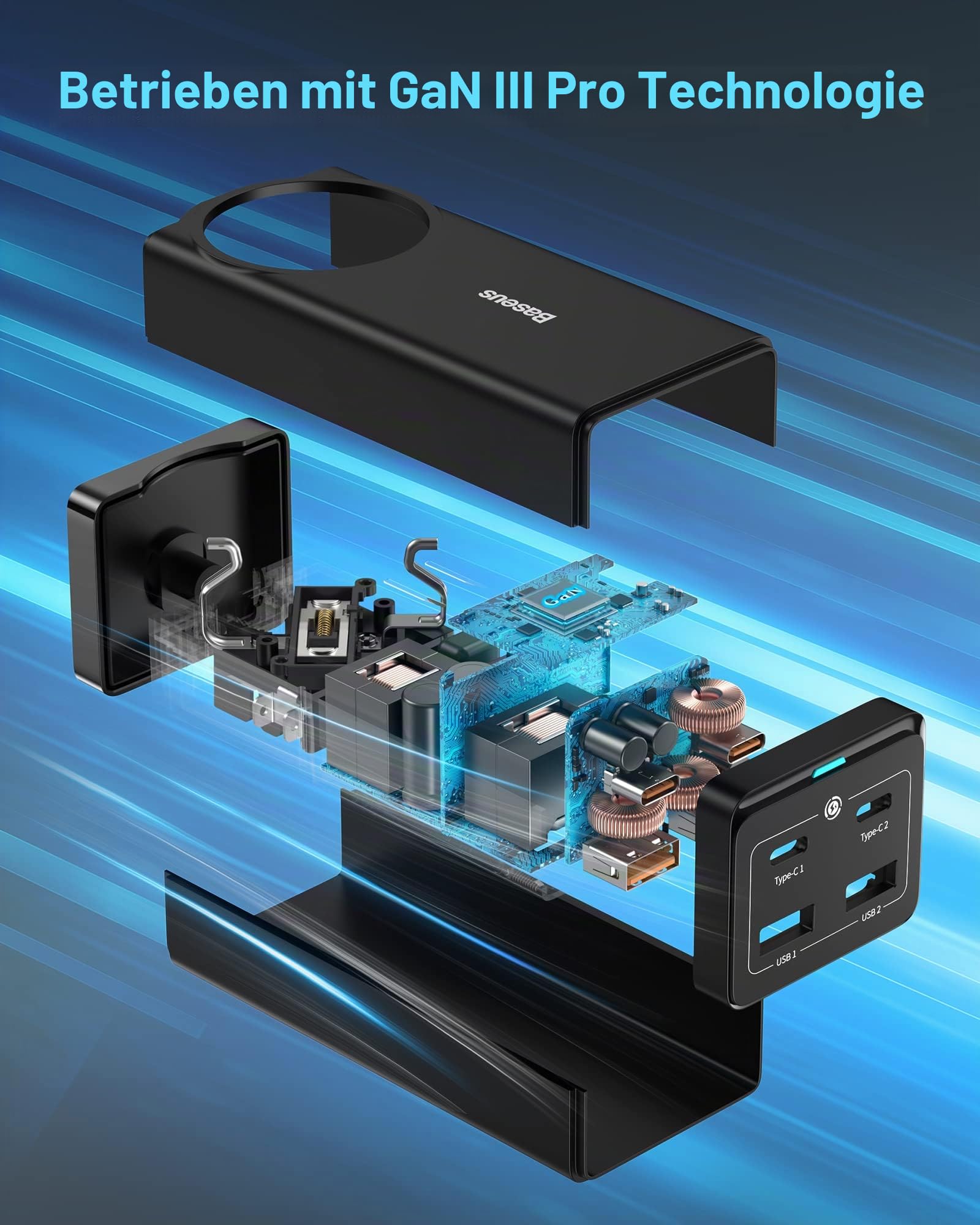 Baseus Ladegerät 100W, GaN3 PowerCombo On, USB C Netzteil PD Mehrfach Ladegerät mit 1 AC + 4 Port, GaN Charger für MacBook Pro/Air, iPad Pro, iPhone 14 Pro/13/12, Galaxy S23, Steam Deck