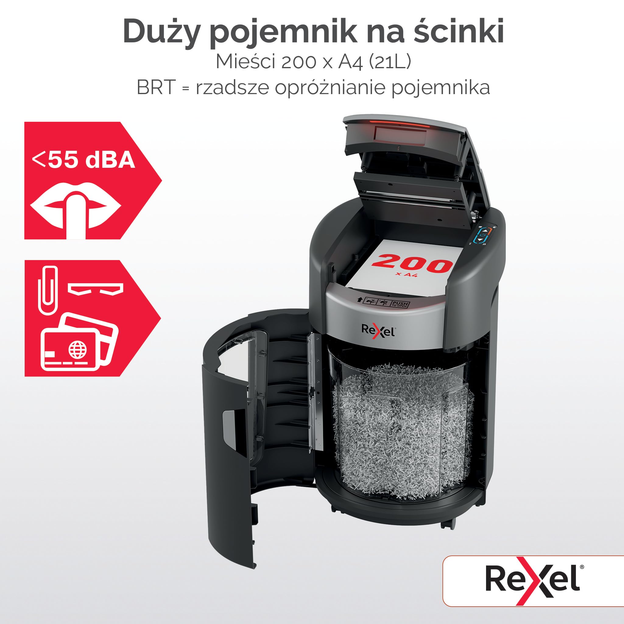 Rexel ShredMax AutoFeed+ 200M automatyczna niszczarka mikrościnki P5 | Niszczarka biurowa, zgodna z RODO, rotacja kosza, 200 arkuszy A4, kosz 21 l, <55 dBA, 30 min pracy, home office