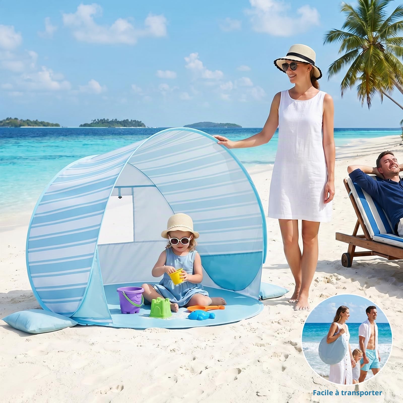 Tente de plage pop-up pour bébé : tente de plage Apojungle - Protection UV - Tente légère pour garçons et filles - Protection solaire et coupe-vent - Tente solaire pour extérieur, plage, pique-nique