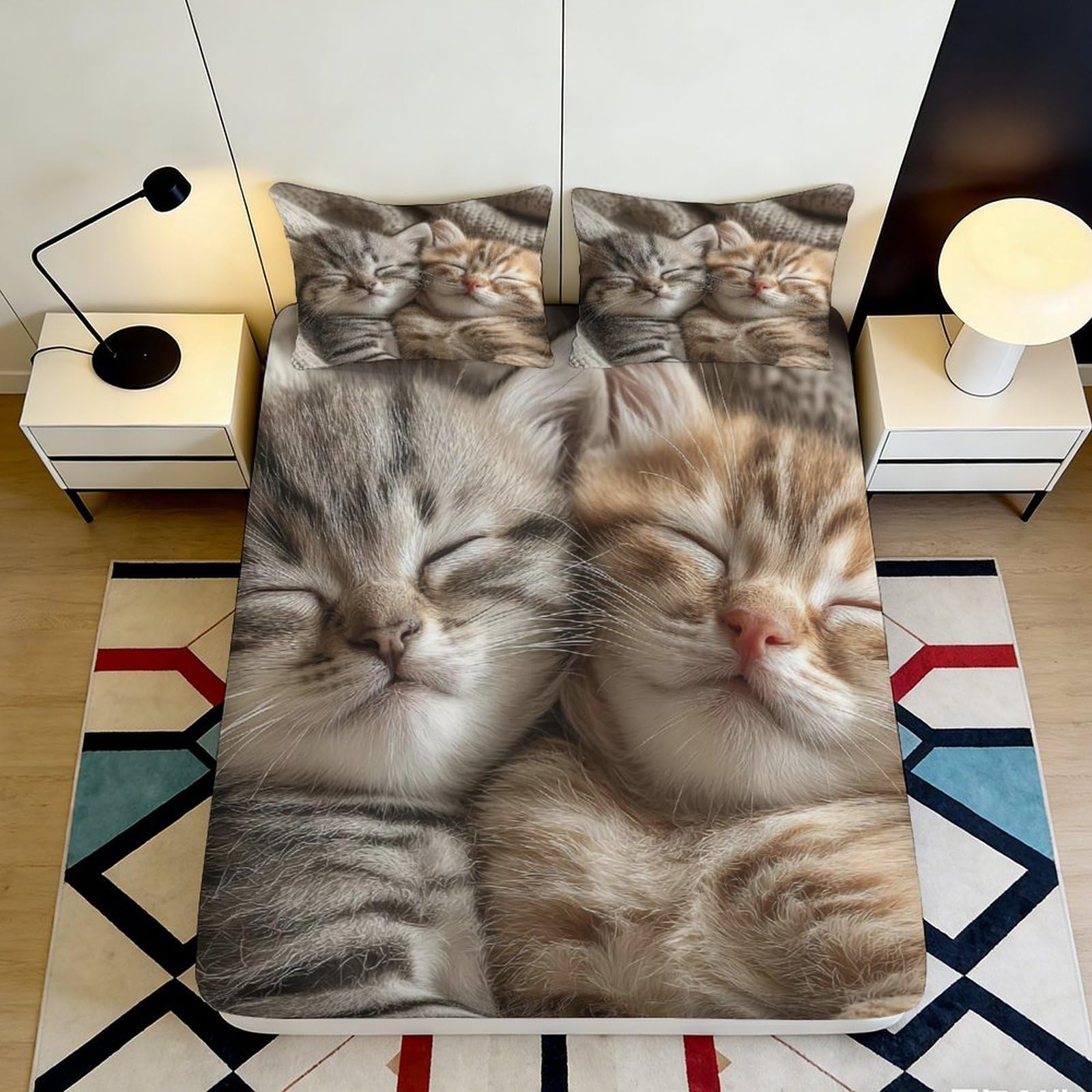3D Printed Cute Cat Fitted Sheet Microfiber Soft Breathable Tabby Kitten Mattress Cover for Bedroom Guestroom Decor 90x200x25cm