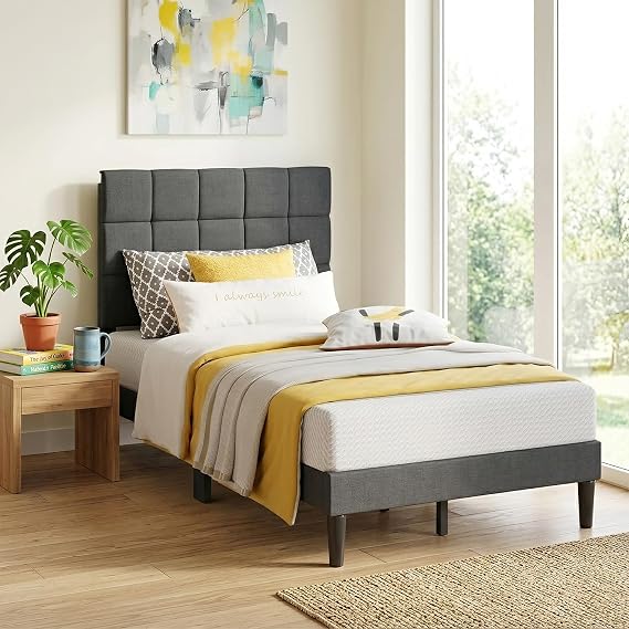 PayLessHere Twin Size Bed Frame with Upholstered Headboard,Dark Grey