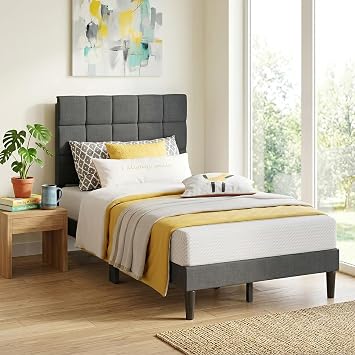 PayLessHere Twin Size Bed Frame with Upholstered Headboard,Dark Grey