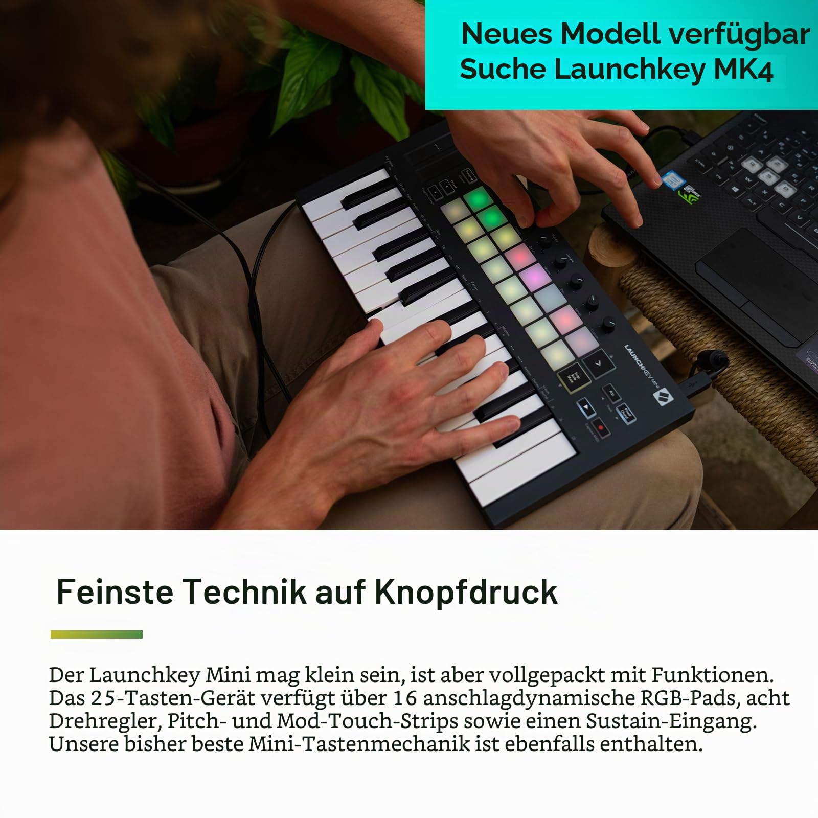Novation Launchkey Mini [MK3] – Tragbarer USB/MIDI-Keyboard-Controller mit 25 Tasten und DAW-Integration. Fixed-Chord-Modus und Arpeggiator – für die Musikproduktion