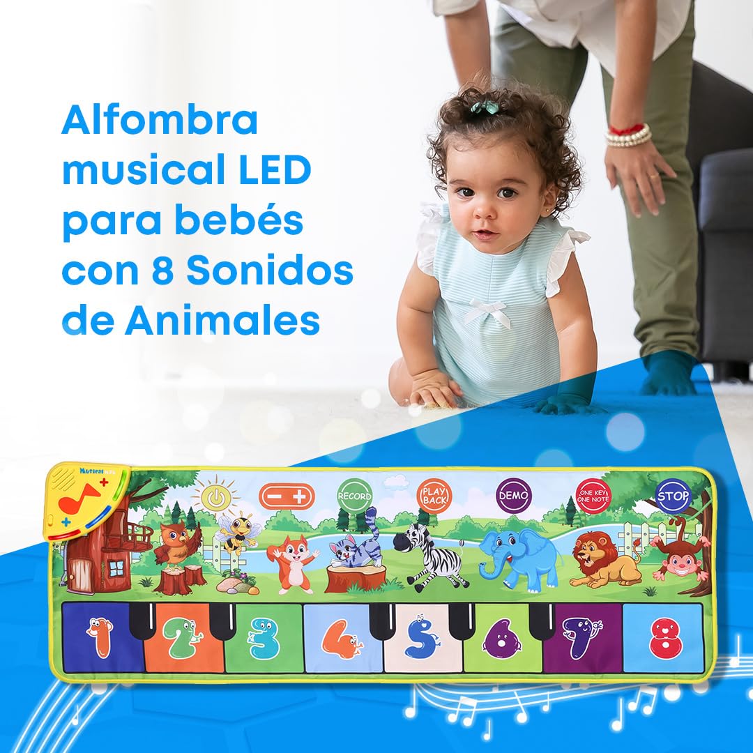 NK Alfombra Musical para Bebé con 8 Sonidos de Animales LED - Piano Infantil Juguete para Niños 3 4 5 años, Regalo Original Montessori Cumpleaños Navidad, Plegable, Función Record/Playback (110x36cm)