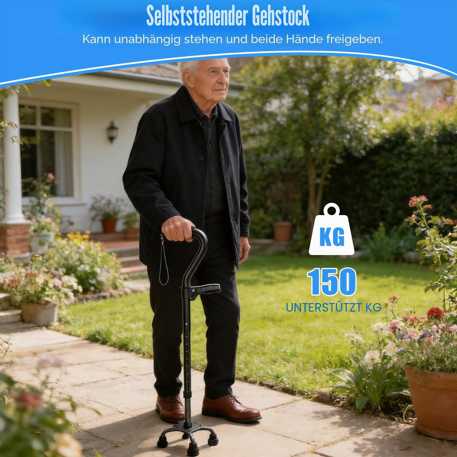 Gehstock Klappbar mit 4-Zinken-Basis & Doppelgriff - Verstellbare & Leichte Gehhilfe für Damen/Herren - Standfester Quad-Stock für Senioren & Erwachsene - Ergonomischer Weicher Griff