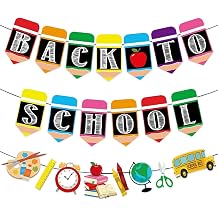 Back to School Banner Decorations, Colorful First Day of School Banner Pencil School Buses Globes Banners Garland for Welcome Back to School Party Classroom Decorations