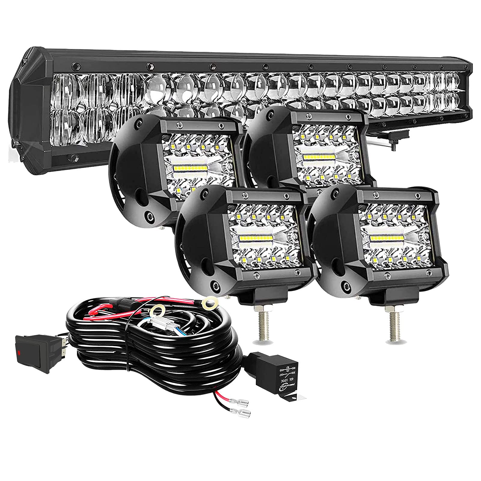TURBO SII 20 Inch 126W 5D Led Light Bar Spot Flood Combo Beam + 4Pcs 4" 60W LED Work Light Pods Driving Fog Lamp with Rocker Switch Wiring Harness for Polaris Truck ATV UTV SUV 4X4 Boat