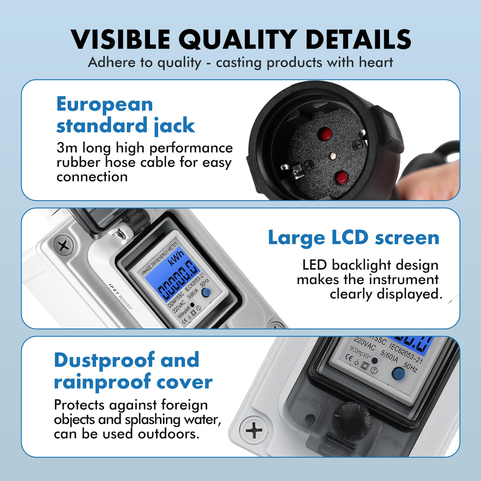 Mobiele digitale stroommeter, IP65 waterdicht, stroomverbruik meter met