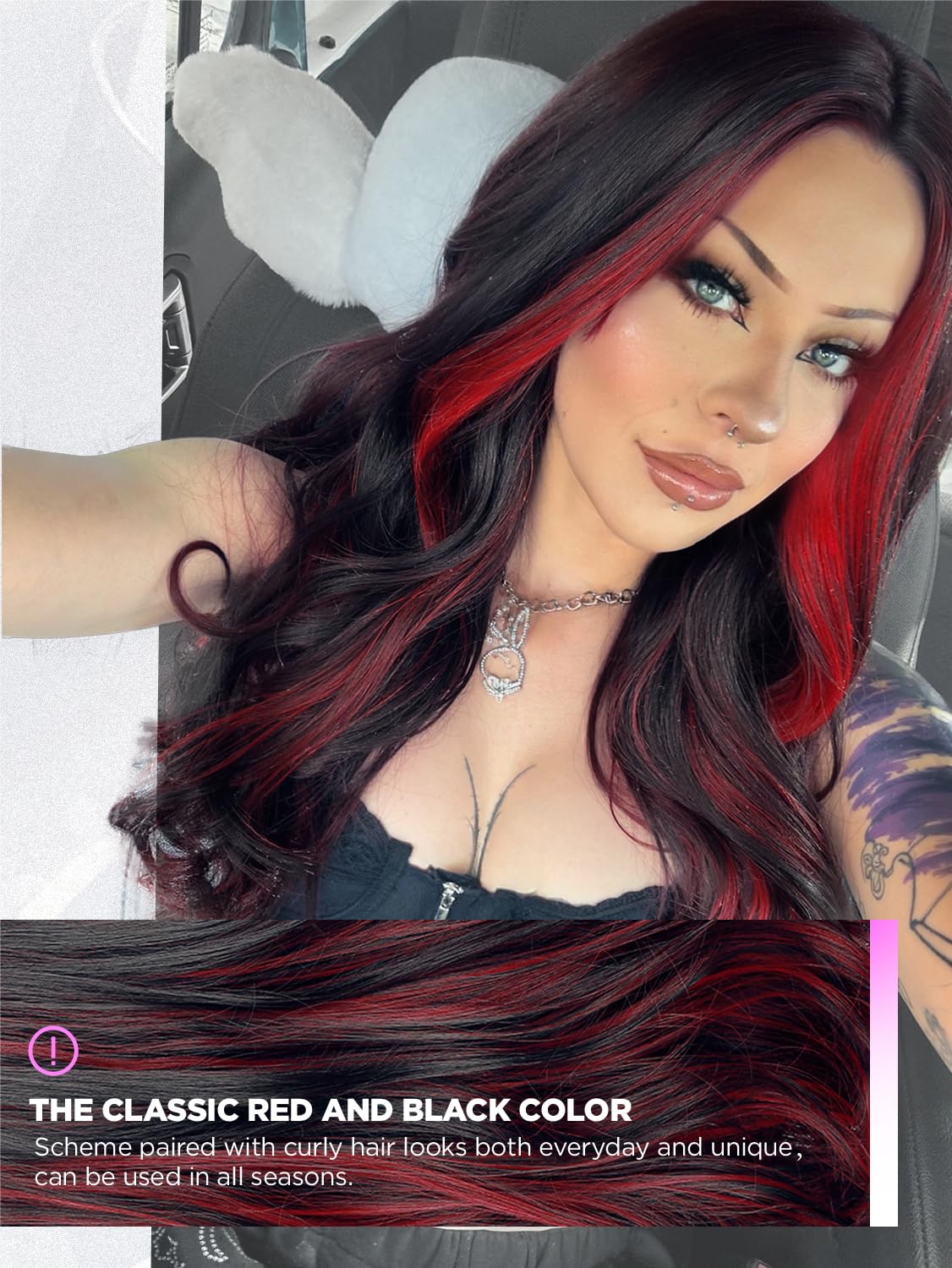 Quantum Love Long Curly Wig for Women Long Wavy Black Mix Red Wigs 28Inch Natural Looking Synthetic Fashion Color Hair for Cosplay Halloween Daily Party Use
