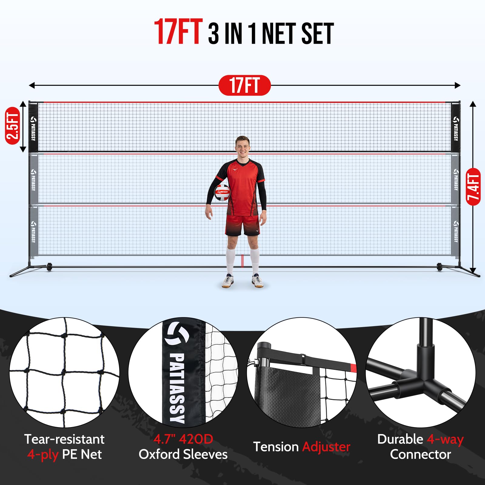Set di rete portatile da badminton tennis 3 in 1 da 5,2 m – Rete sportiva regolabile in altezza per interni ed esterni, con aste, rete portatile da esterno con borsa per il trasporto