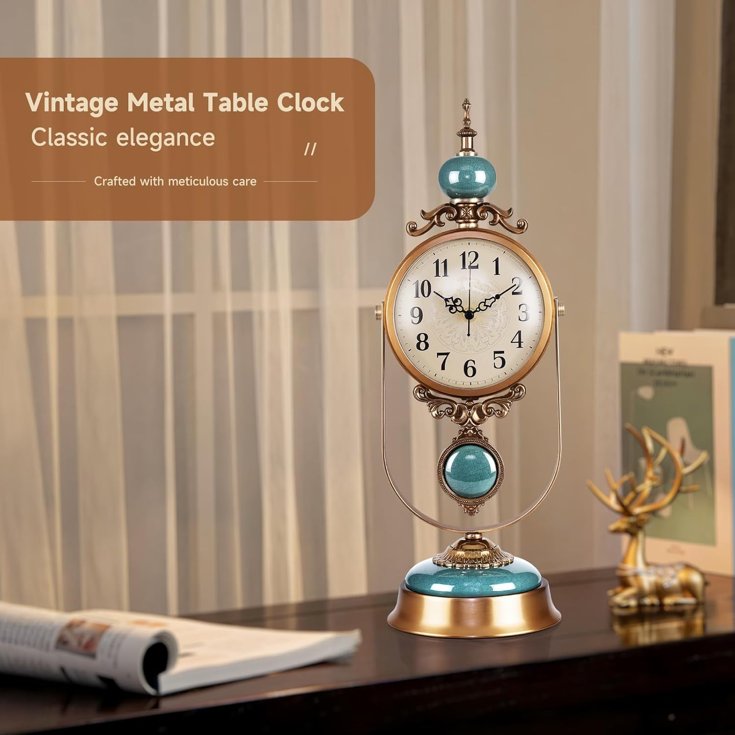 Vintage Metal Table Clock, Silent Operation, Gold and Brown, Battery Powered Desk Clock with Antique Design, 19.3 Inches