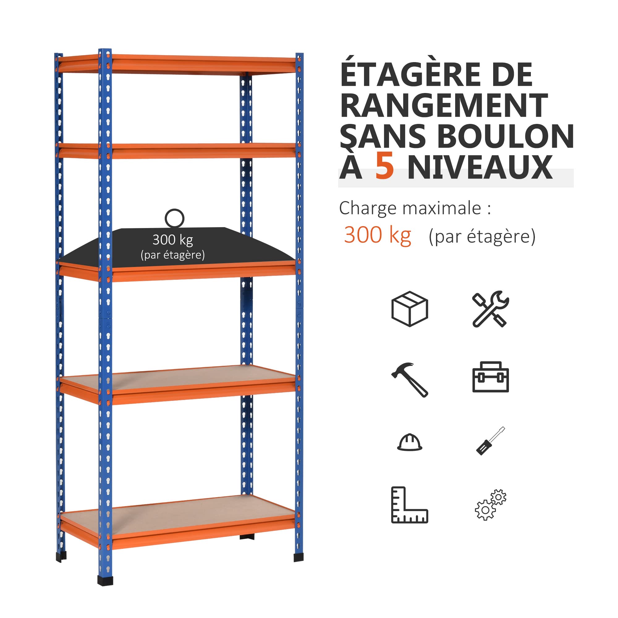 HOMCOM Étagère Charge Lourde en métal à 5 Niveaux étagère de Garage étagère de Rangement capacité 1500 kg 80 x 40 x 182 cm Bleu Orange